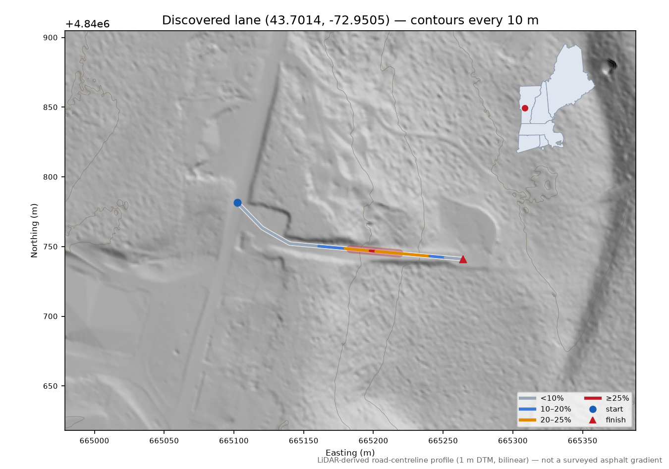 Discovered lane (43.7014, -72.9505) LiDAR hillshade map with contours