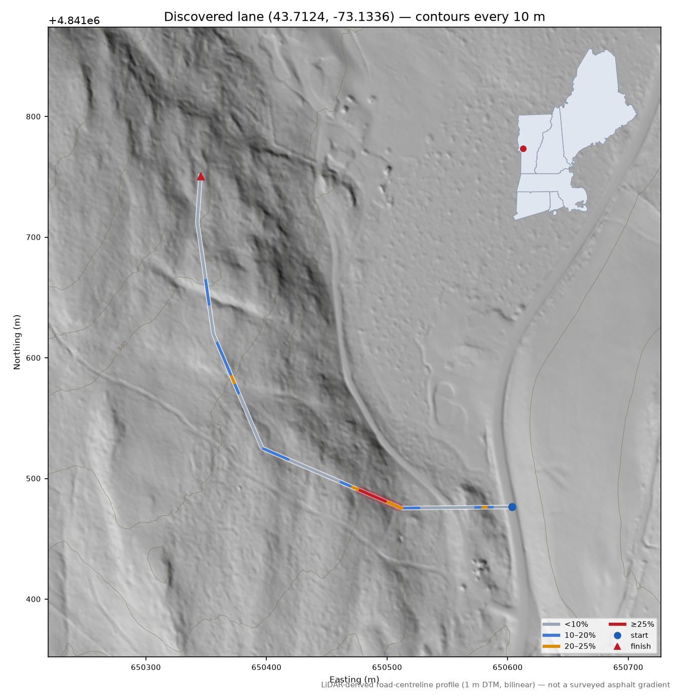 Discovered lane (43.7124, -73.1336) LiDAR hillshade map with contours