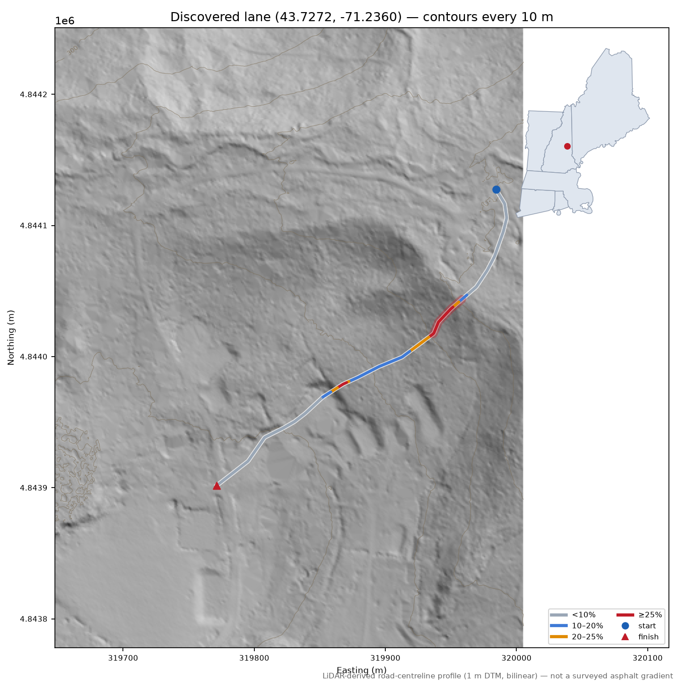 Discovered lane (43.7272, -71.2360) LiDAR hillshade map with contours