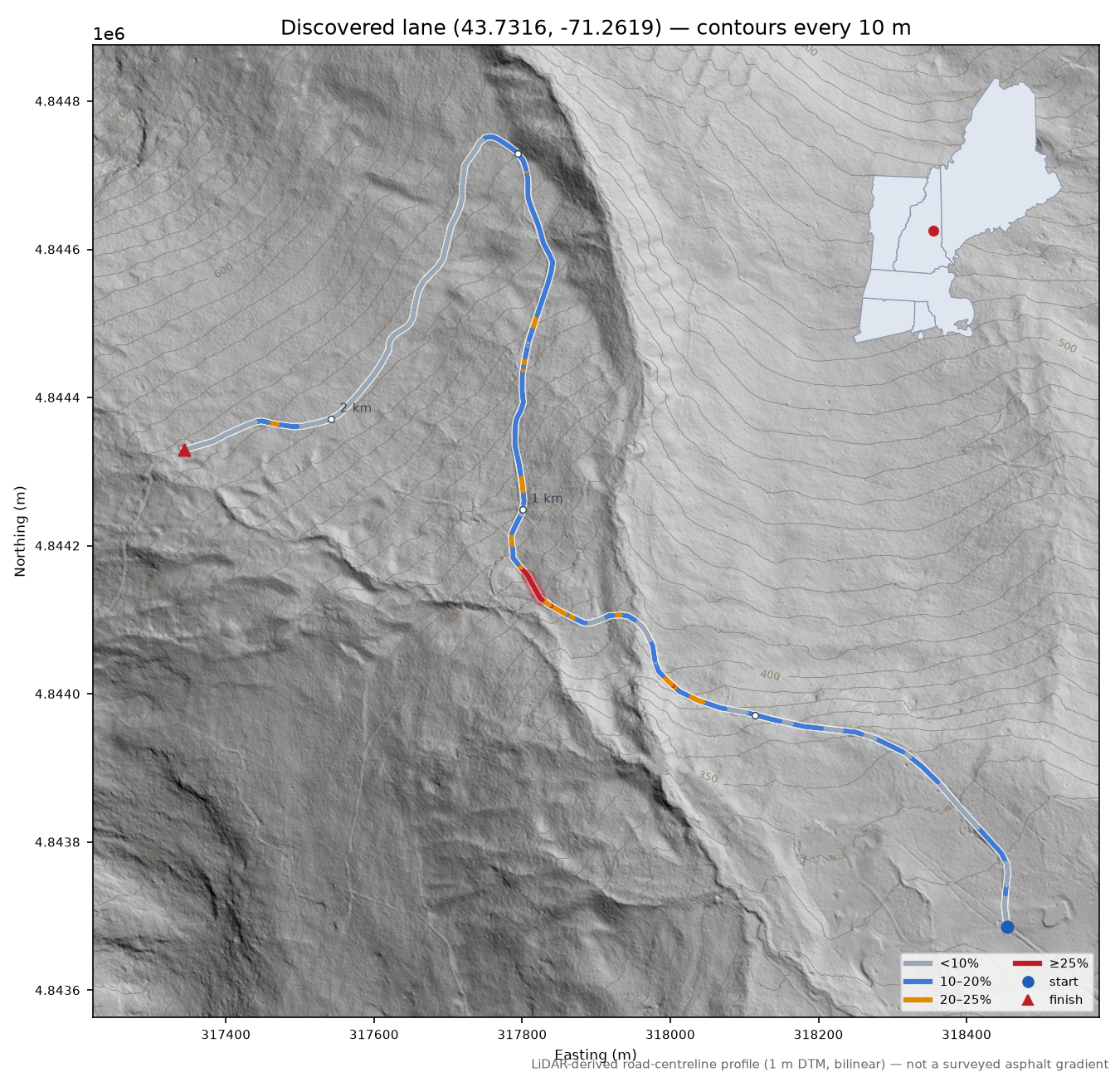 Discovered lane (43.7316, -71.2619) LiDAR hillshade map with contours