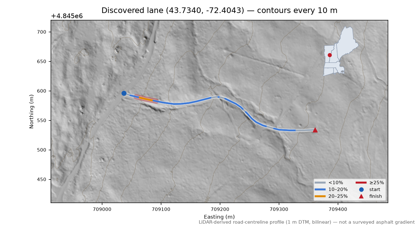 Discovered lane (43.7340, -72.4043) LiDAR hillshade map with contours