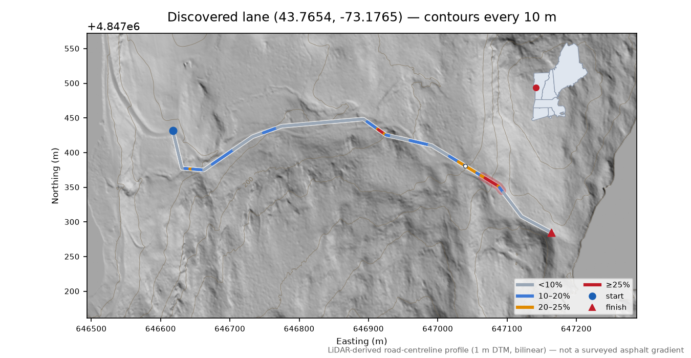 Discovered lane (43.7654, -73.1765) LiDAR hillshade map with contours