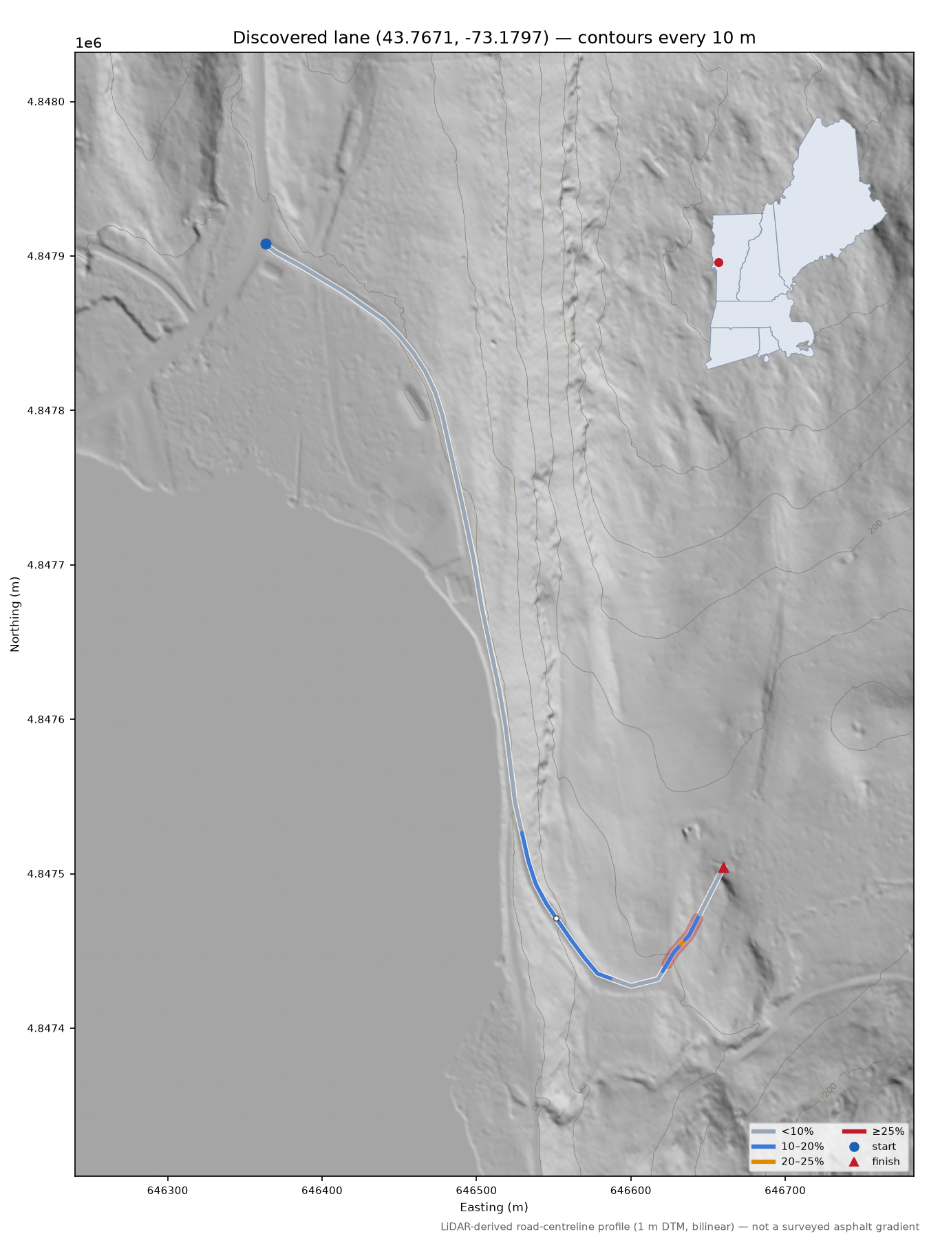 Discovered lane (43.7671, -73.1797) LiDAR hillshade map with contours