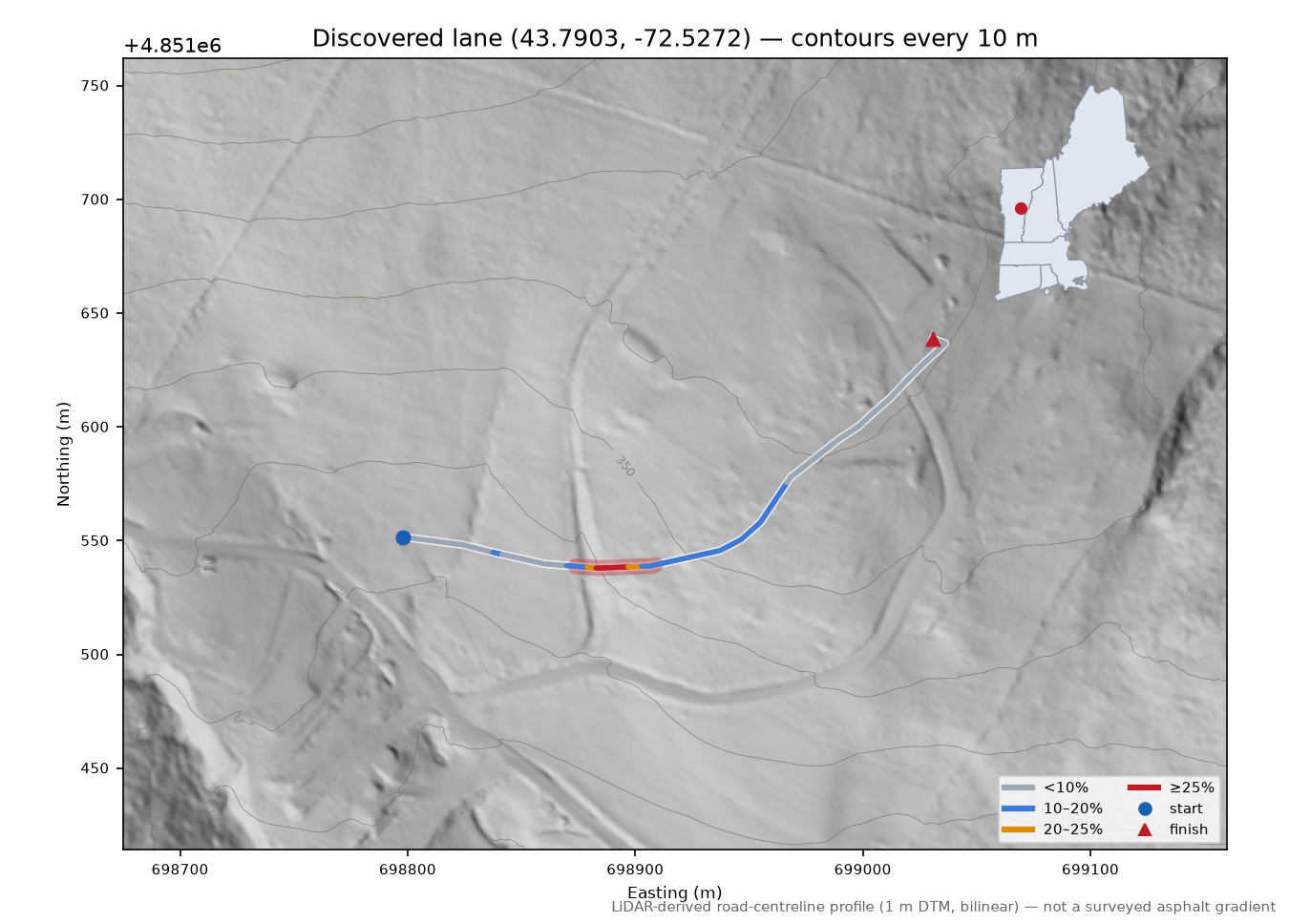 Discovered lane (43.7903, -72.5272) LiDAR hillshade map with contours