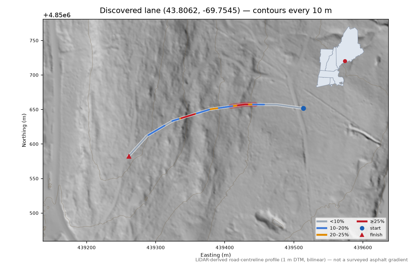 Discovered lane (43.8062, -69.7545) LiDAR hillshade map with contours