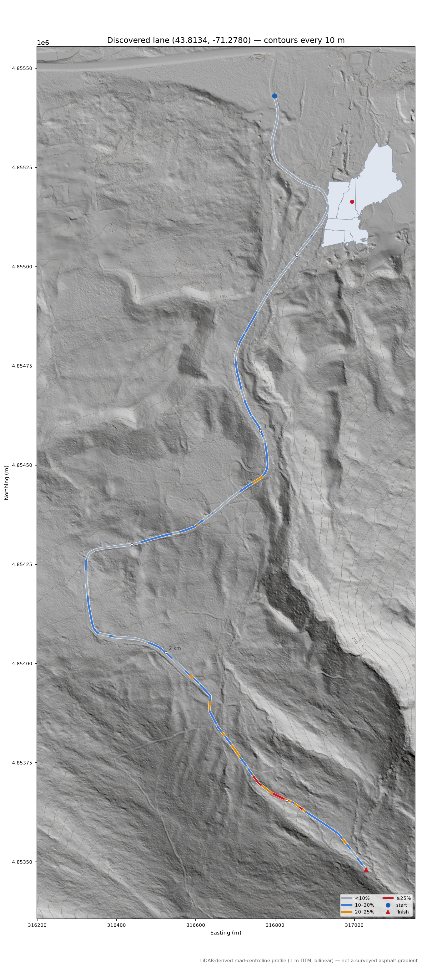 Discovered lane (43.8134, -71.2780) LiDAR hillshade map with contours