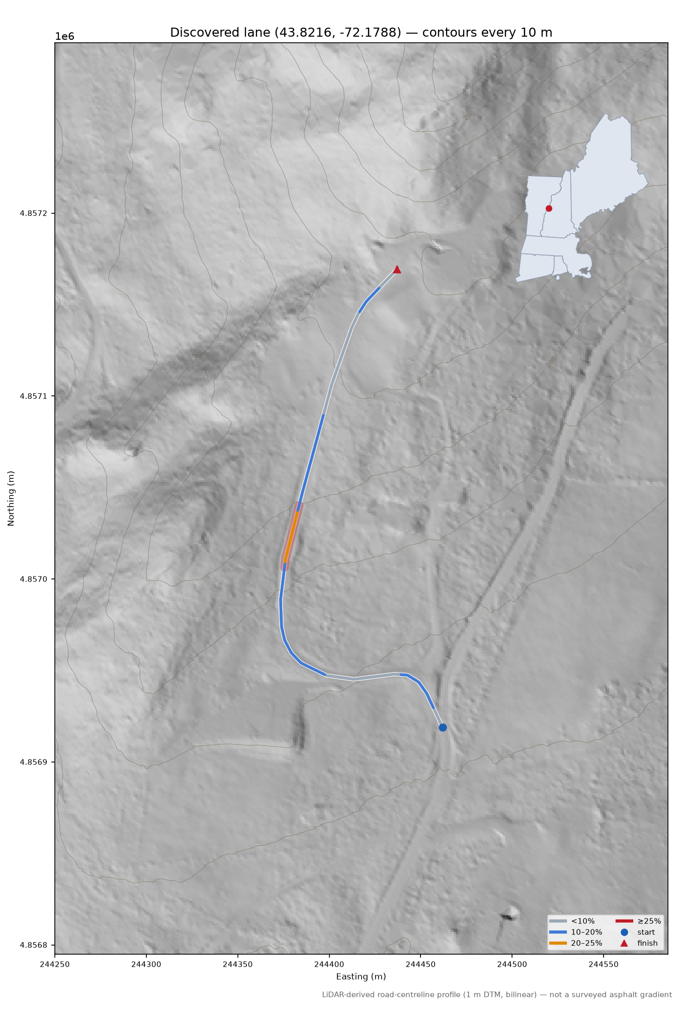 Discovered lane (43.8216, -72.1788) LiDAR hillshade map with contours