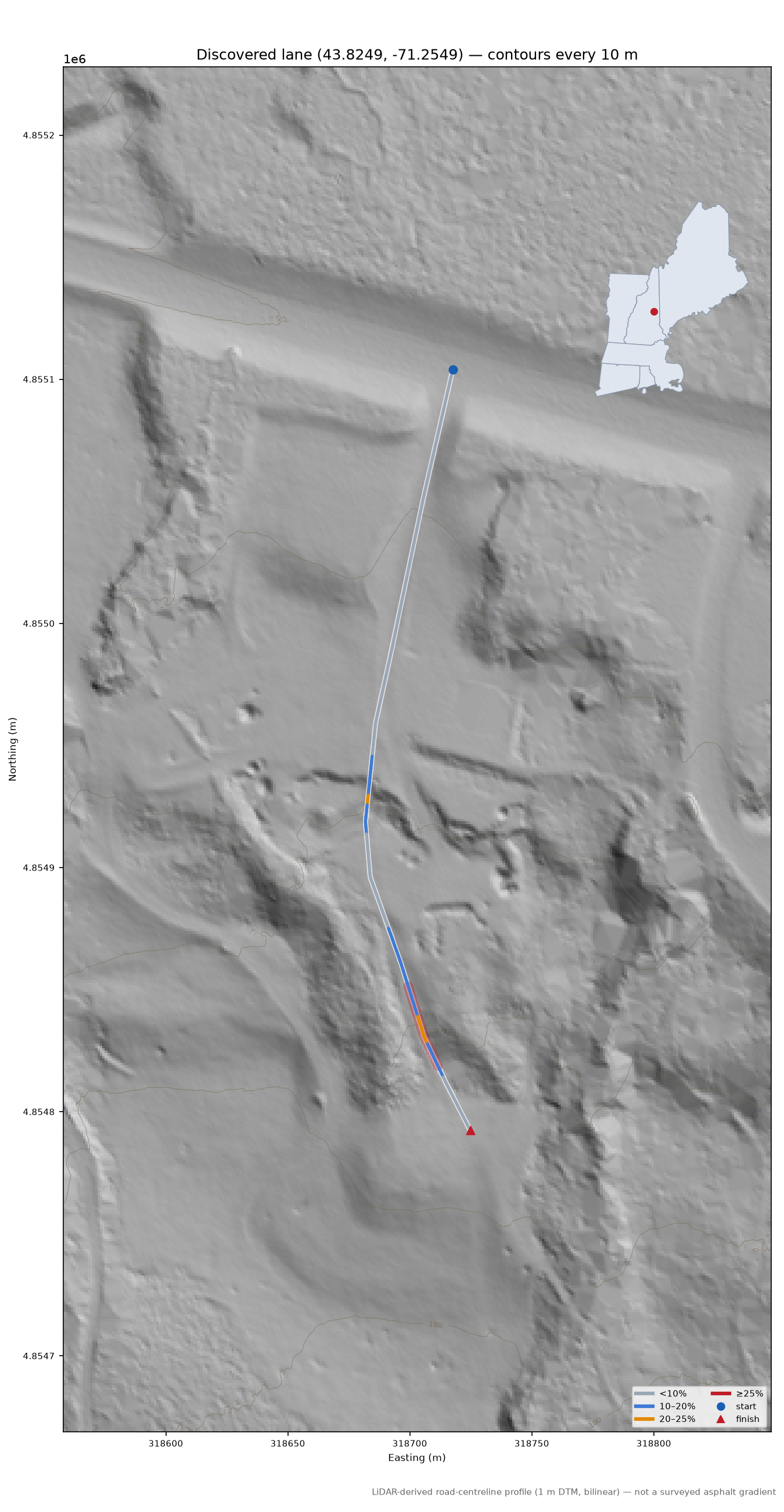 Discovered lane (43.8249, -71.2549) LiDAR hillshade map with contours