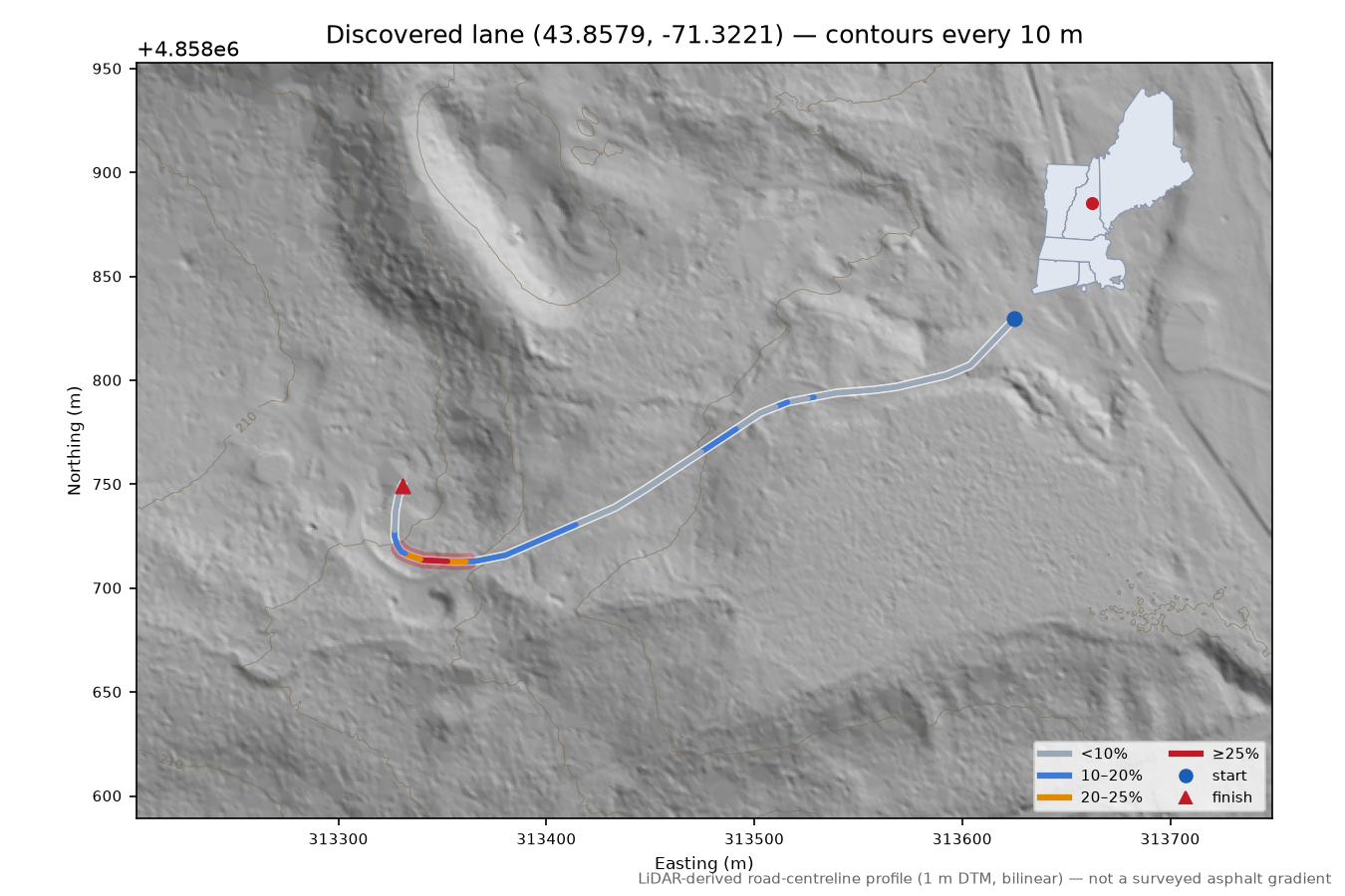 Discovered lane (43.8579, -71.3221) LiDAR hillshade map with contours