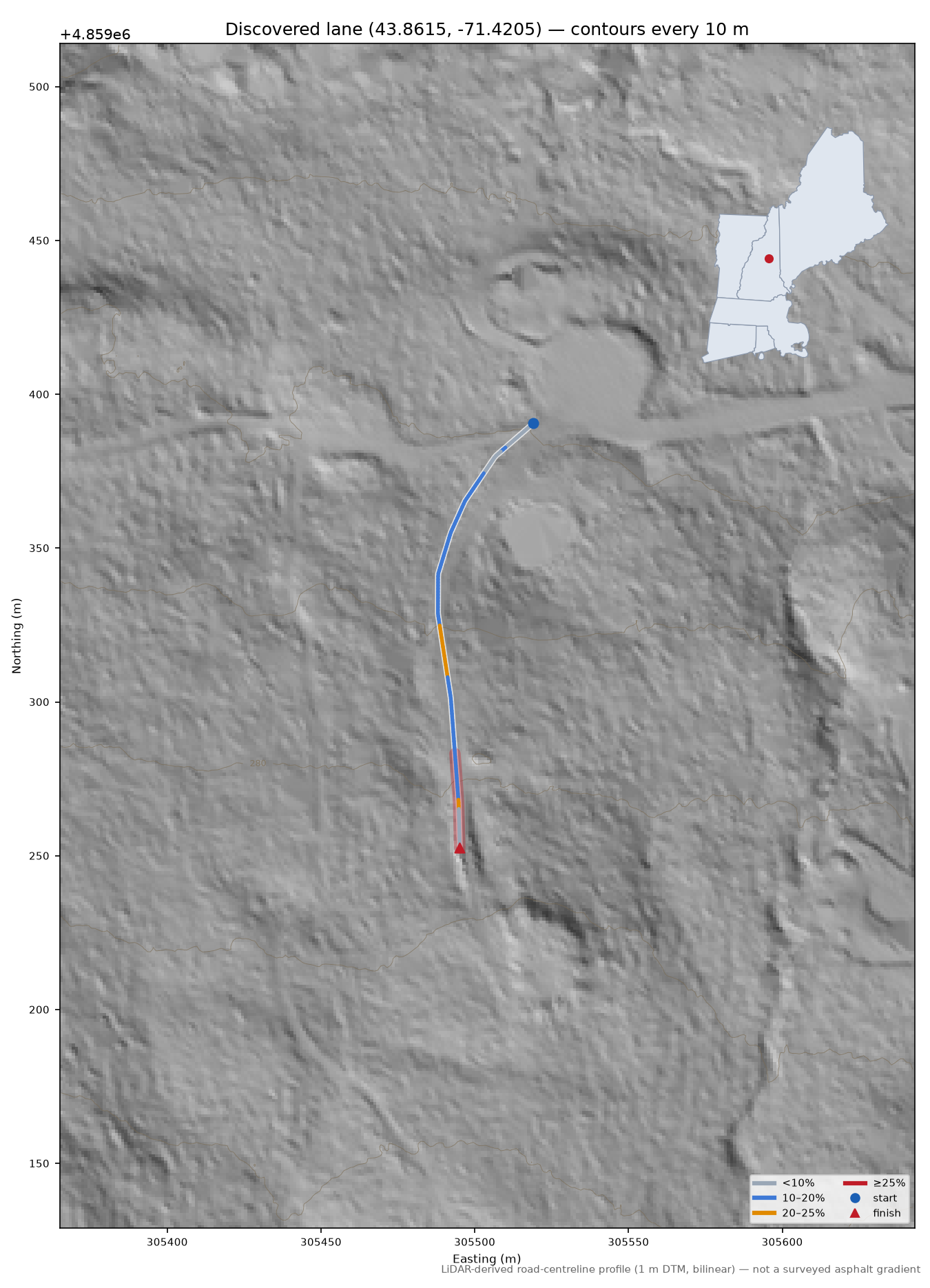Discovered lane (43.8615, -71.4205) LiDAR hillshade map with contours