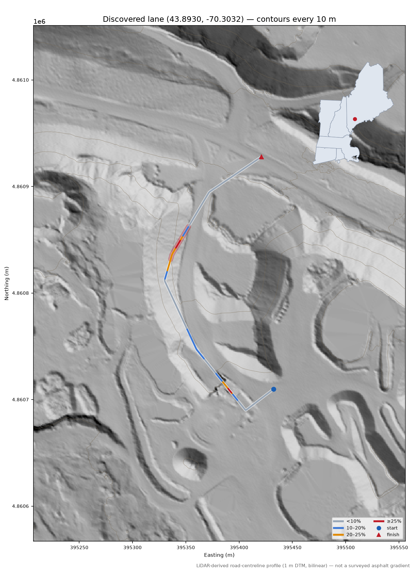 Discovered lane (43.8930, -70.3032) LiDAR hillshade map with contours