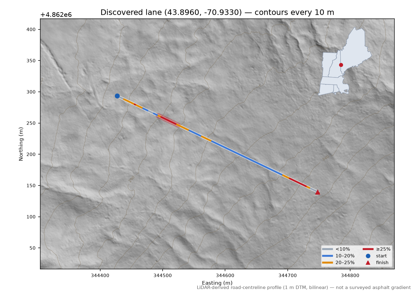 Discovered lane (43.8960, -70.9330) LiDAR hillshade map with contours