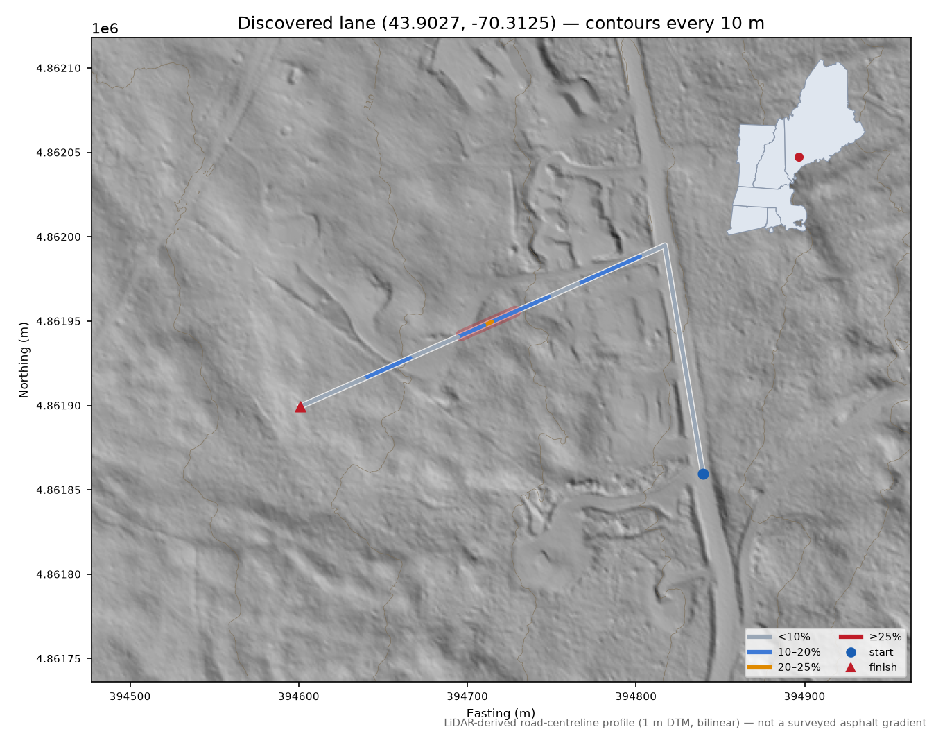 Discovered lane (43.9027, -70.3125) LiDAR hillshade map with contours