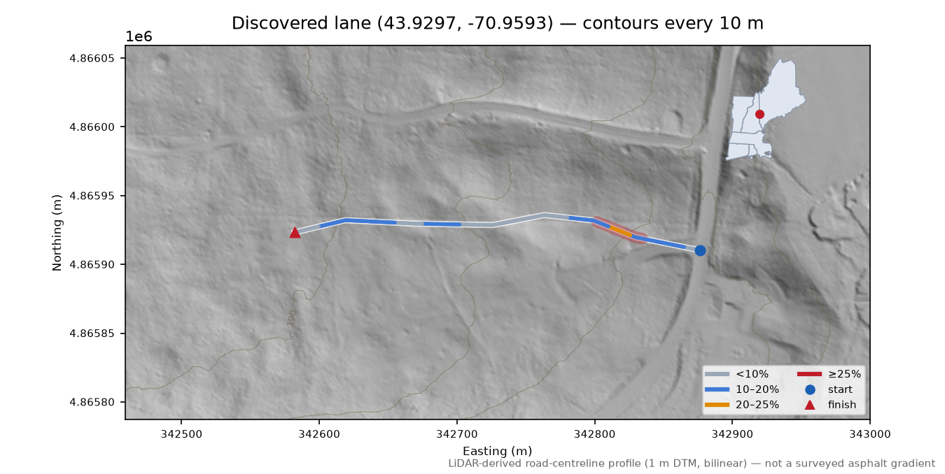 Discovered lane (43.9297, -70.9593) LiDAR hillshade map with contours