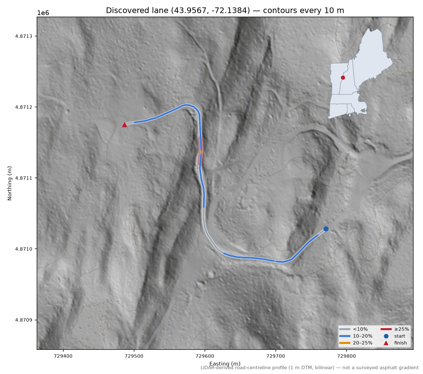 Discovered lane (43.9567, -72.1384) LiDAR hillshade map with contours