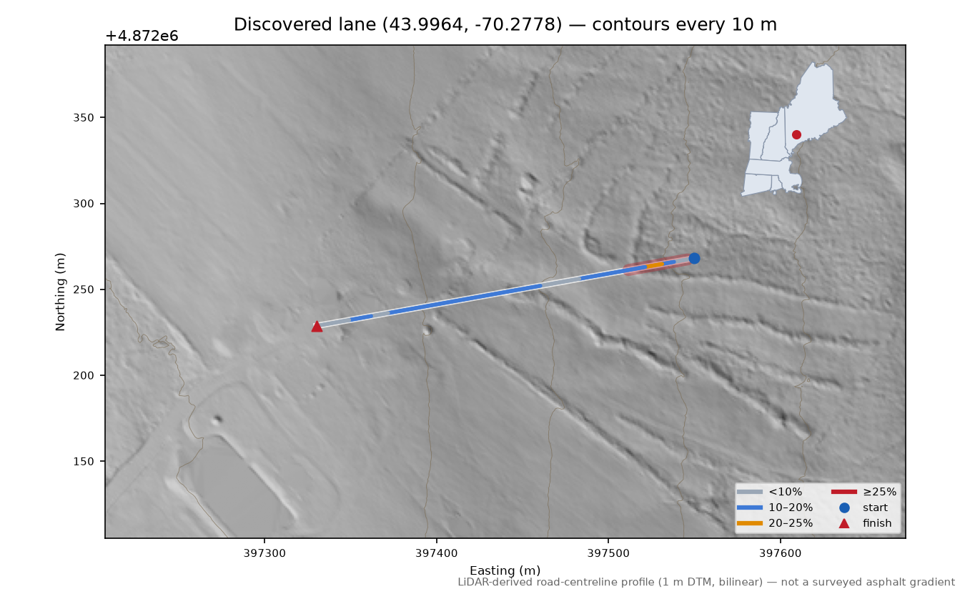 Discovered lane (43.9964, -70.2778) LiDAR hillshade map with contours