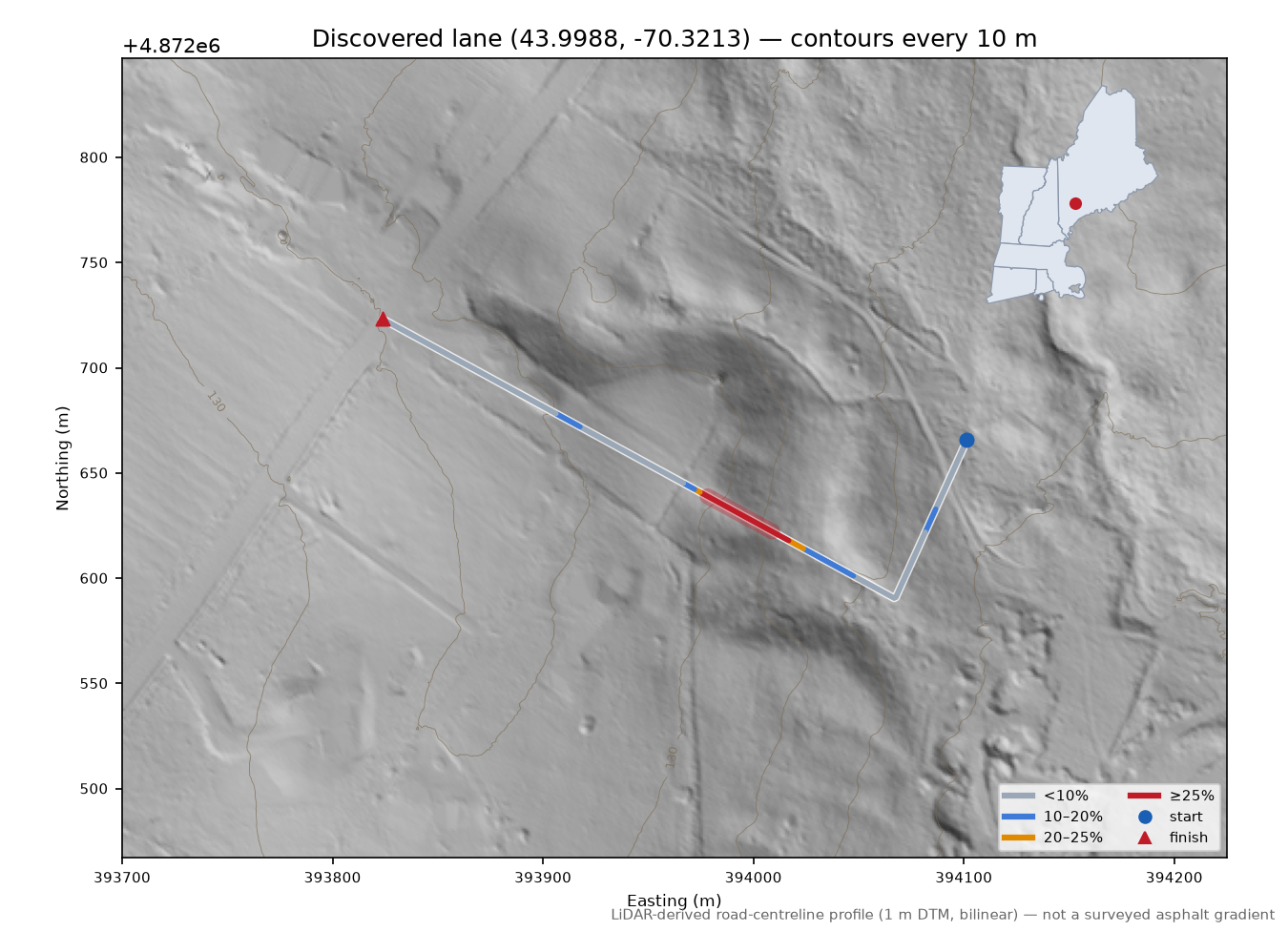 Discovered lane (43.9988, -70.3213) LiDAR hillshade map with contours
