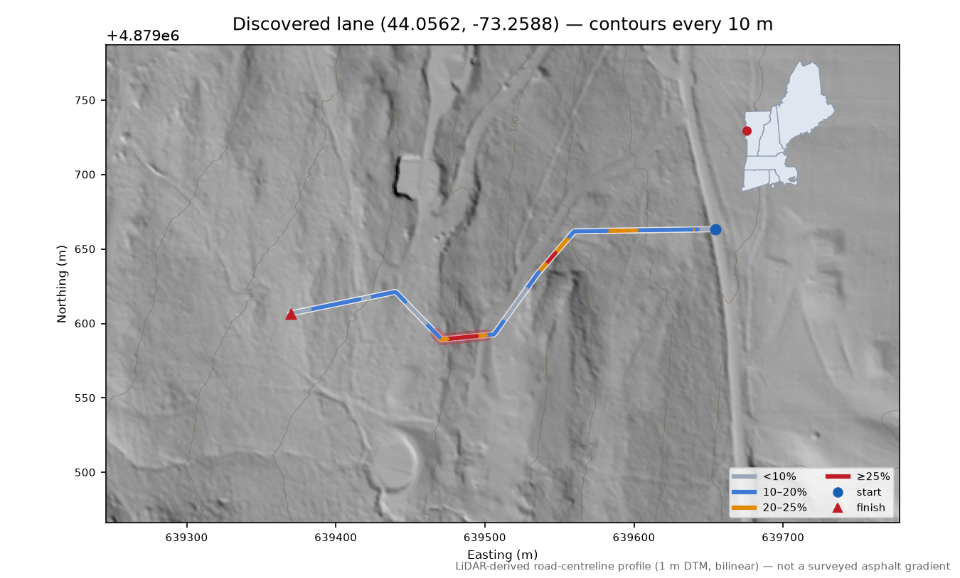 Discovered lane (44.0562, -73.2588) LiDAR hillshade map with contours