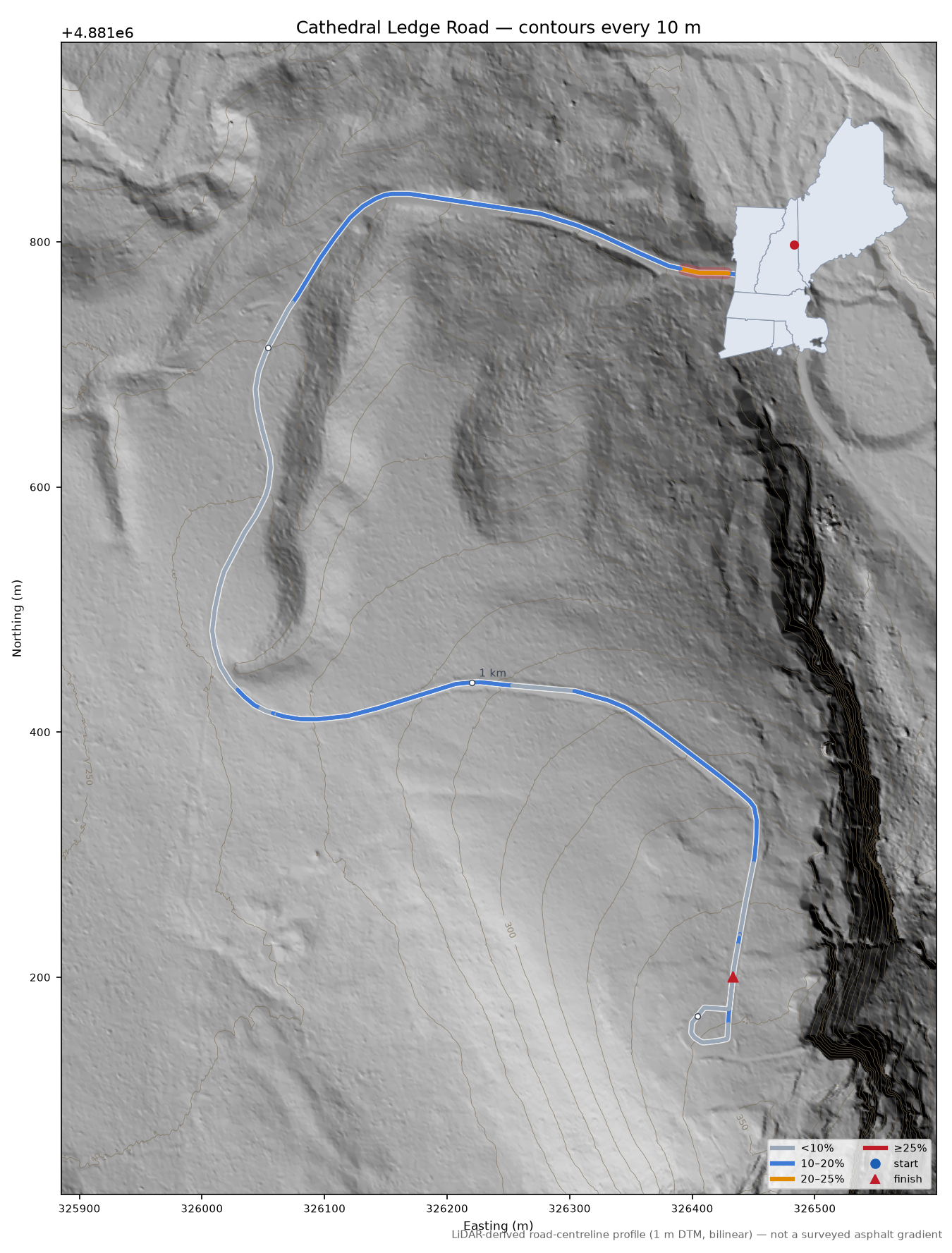 Cathedral Ledge Road LiDAR hillshade map with contours