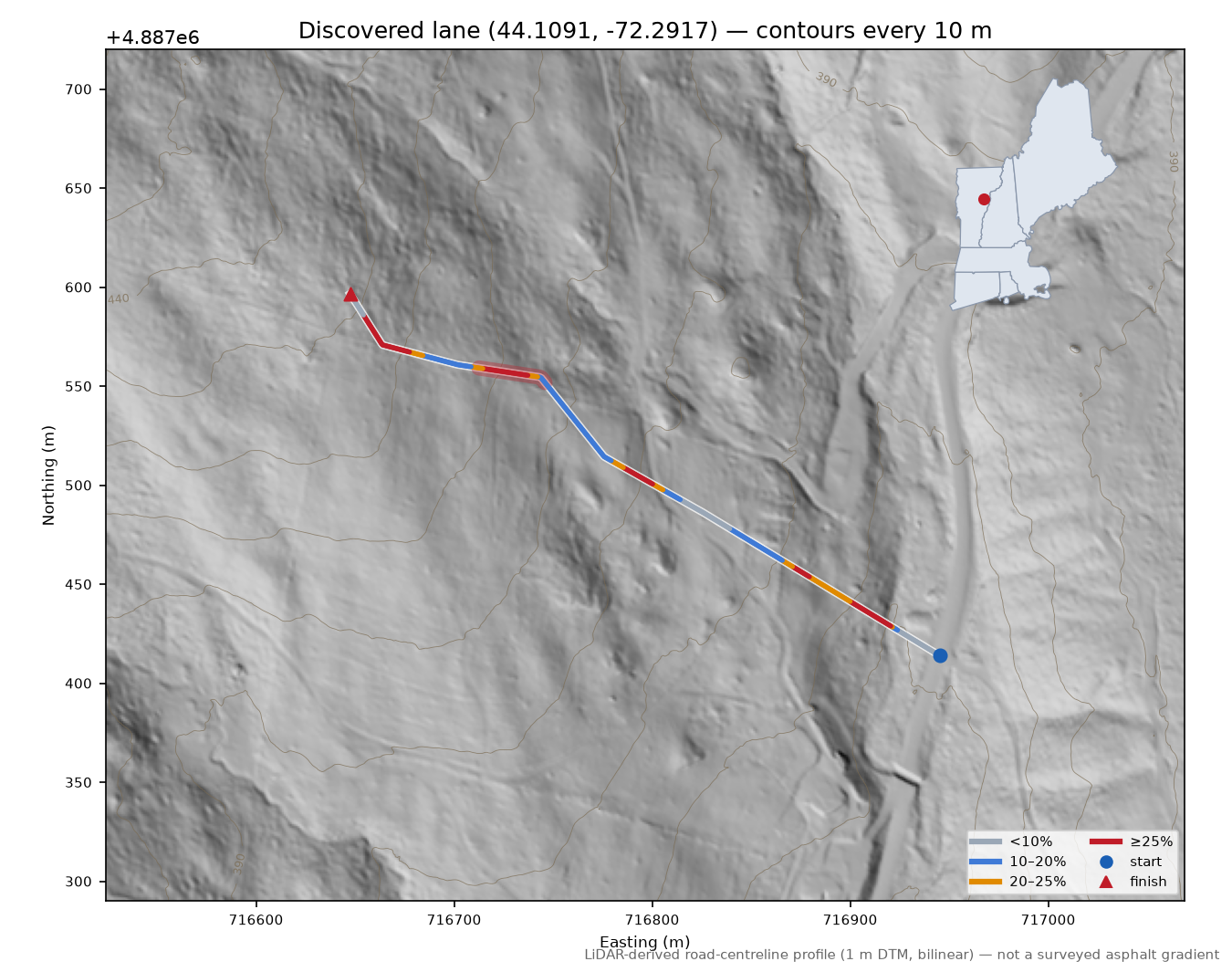 Discovered lane (44.1091, -72.2917) LiDAR hillshade map with contours