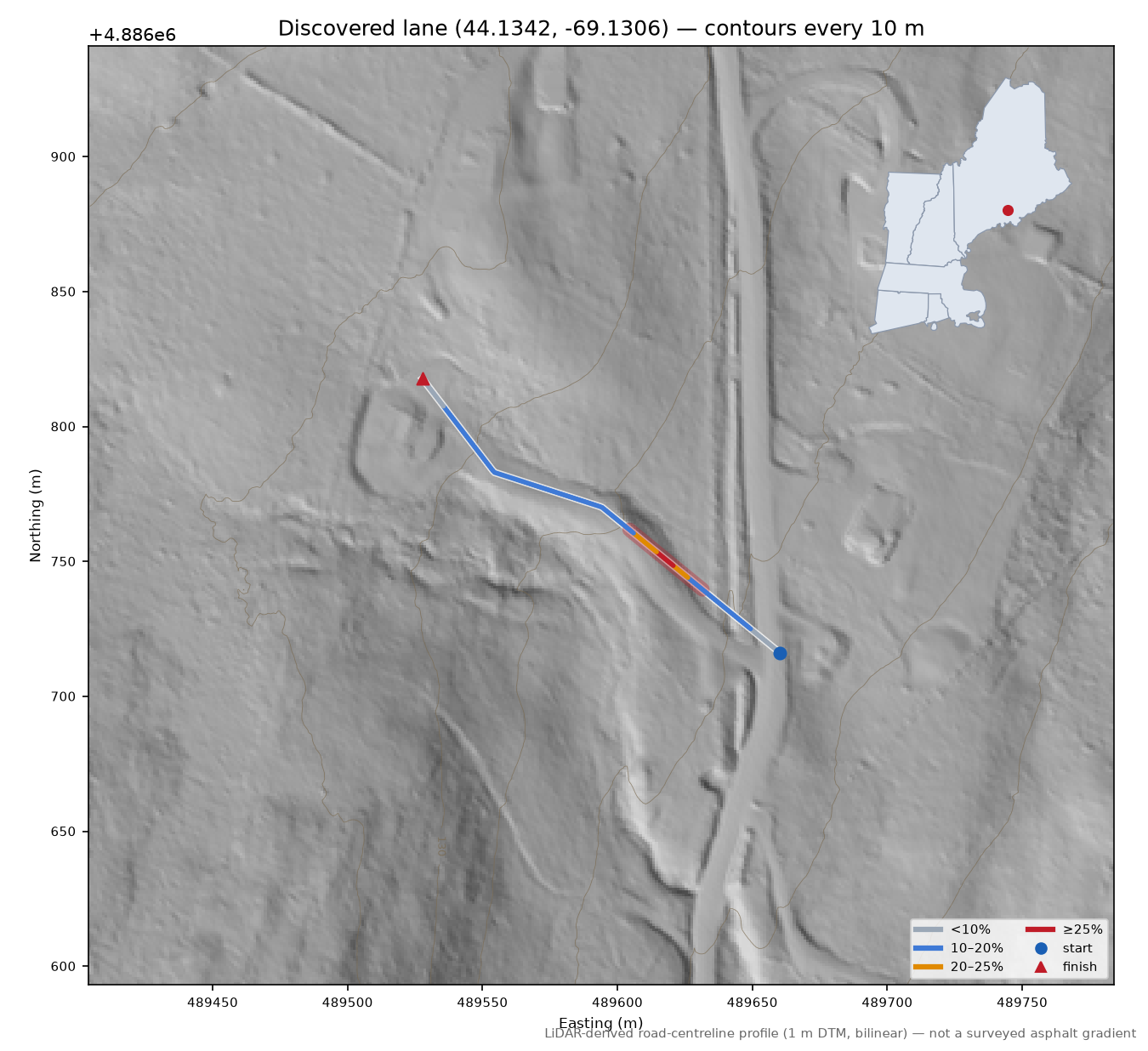 Discovered lane (44.1342, -69.1306) LiDAR hillshade map with contours