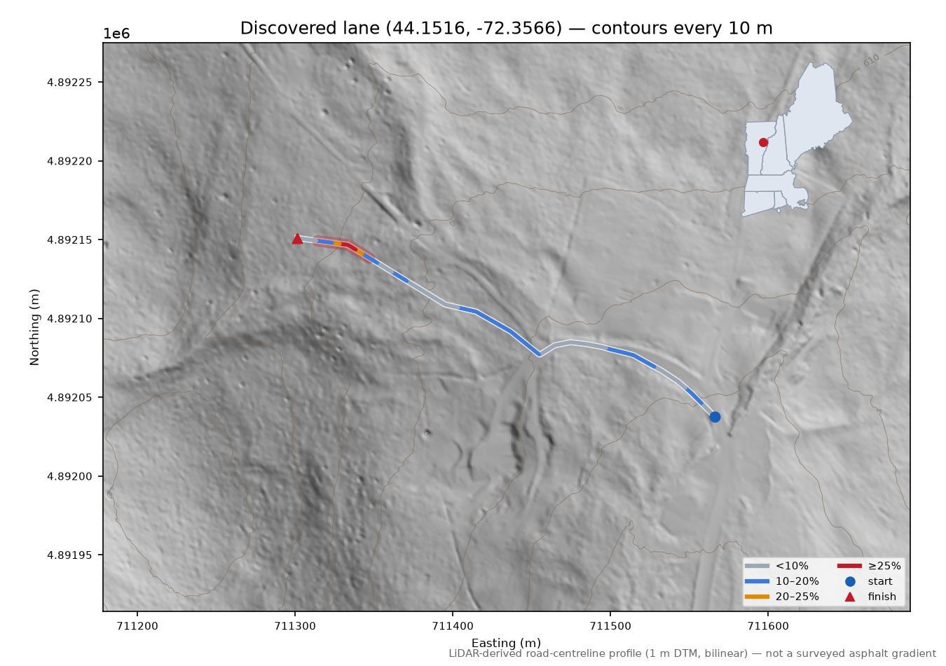 Discovered lane (44.1516, -72.3566) LiDAR hillshade map with contours