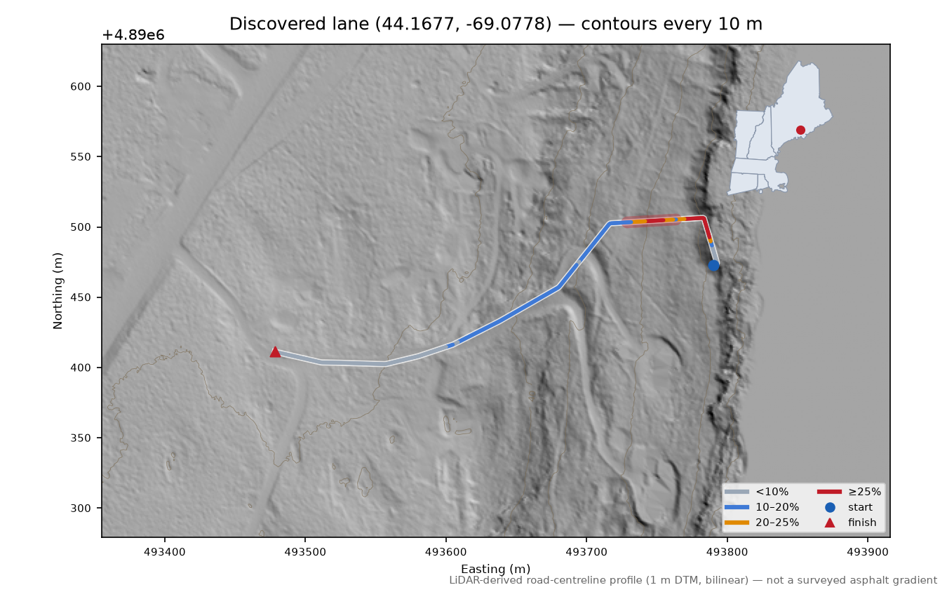 Discovered lane (44.1677, -69.0778) LiDAR hillshade map with contours