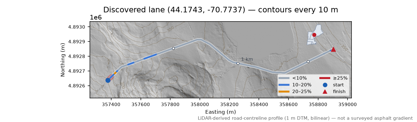 Discovered lane (44.1743, -70.7737) LiDAR hillshade map with contours