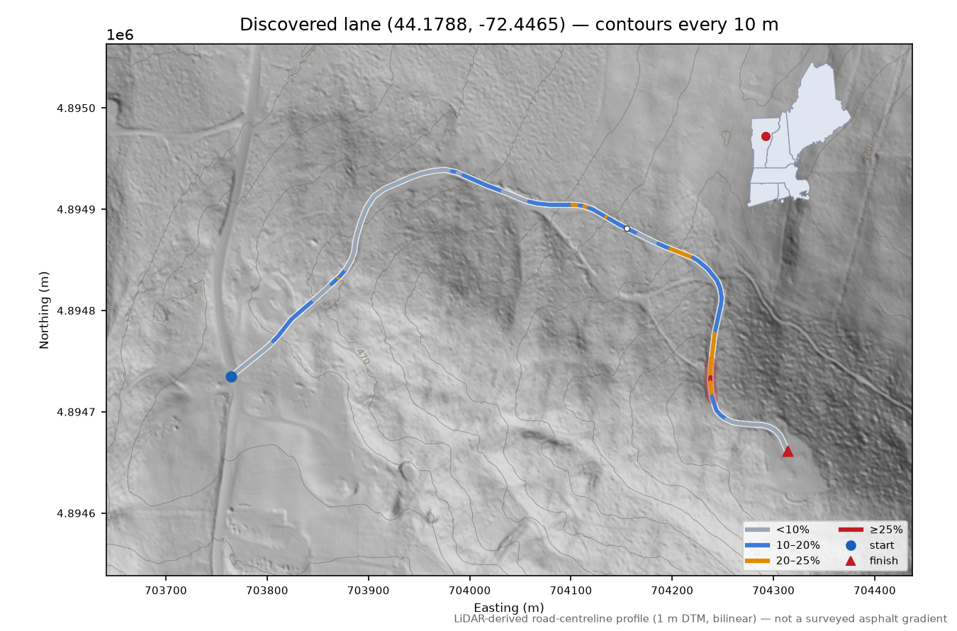 Discovered lane (44.1788, -72.4465) LiDAR hillshade map with contours