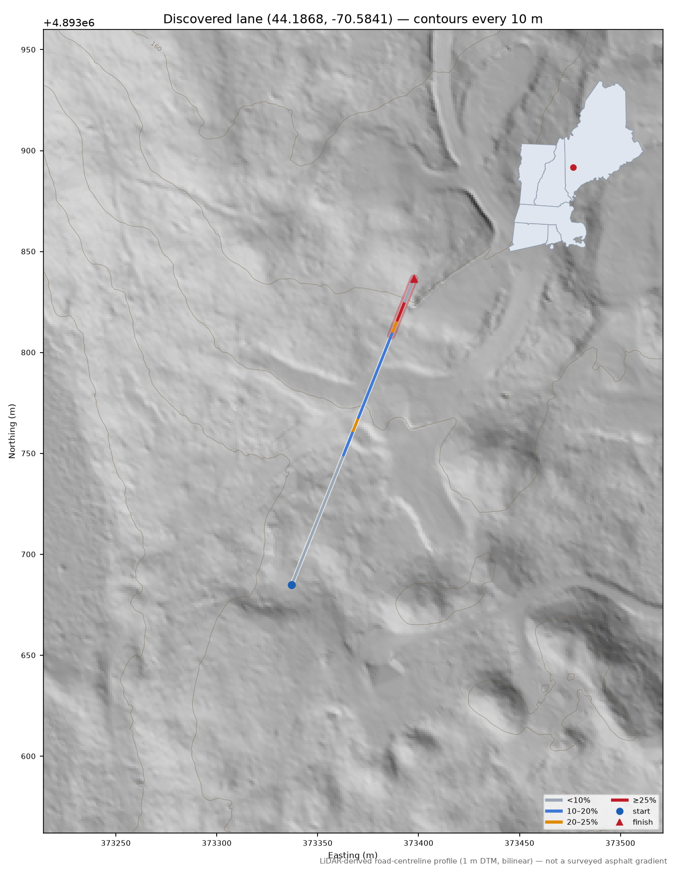 Discovered lane (44.1868, -70.5841) LiDAR hillshade map with contours