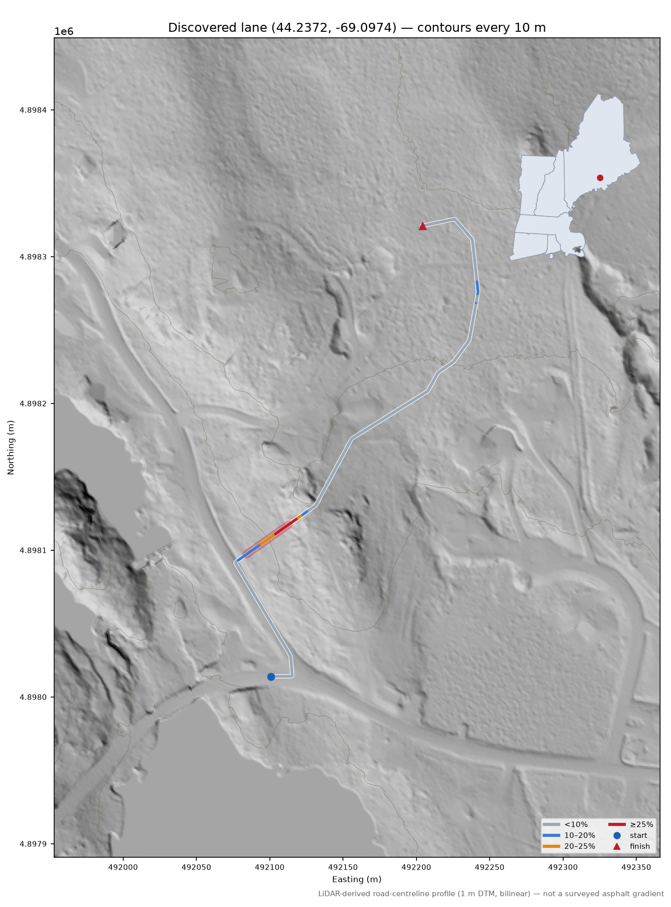 Discovered lane (44.2372, -69.0974) LiDAR hillshade map with contours