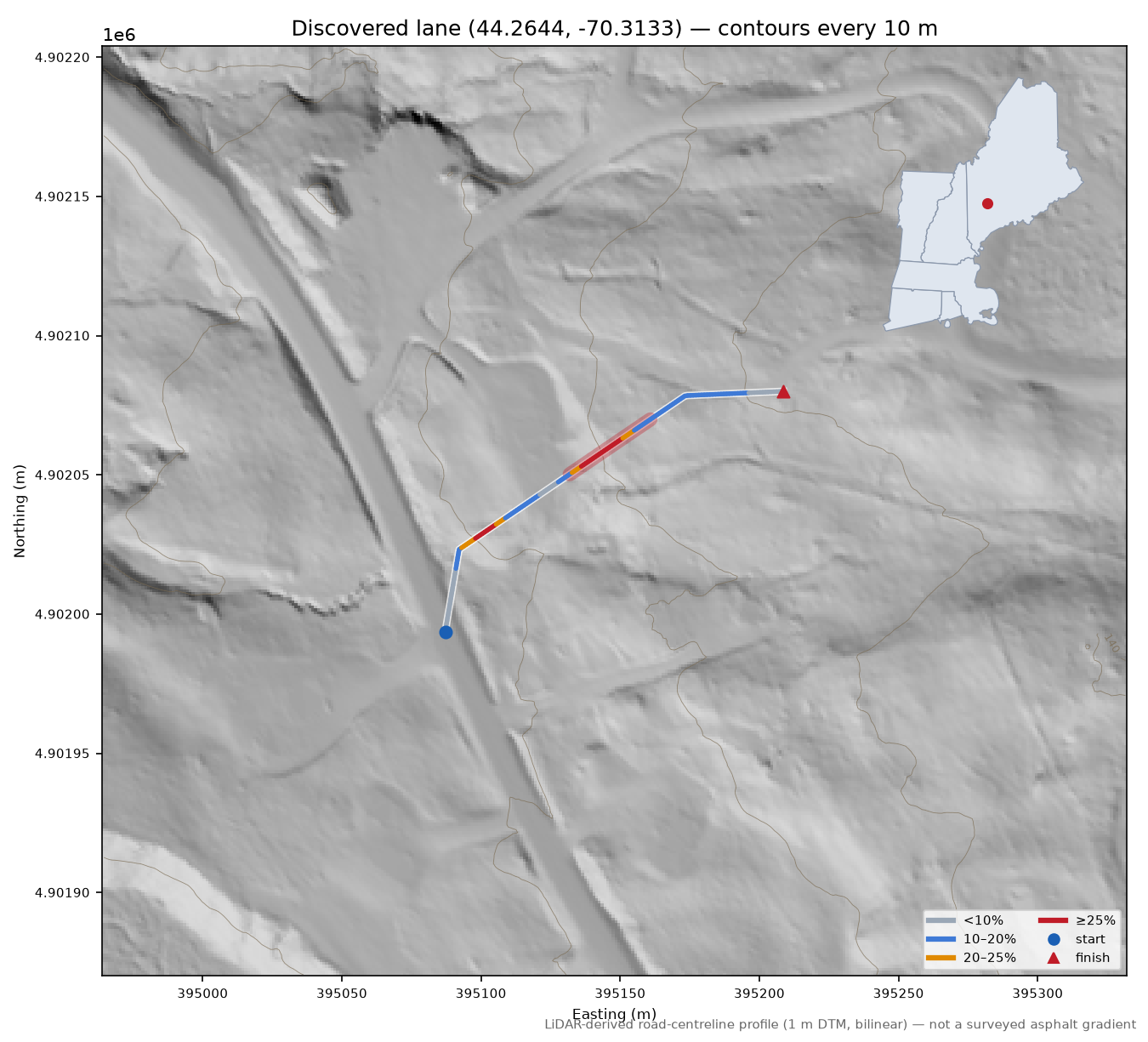 Discovered lane (44.2644, -70.3133) LiDAR hillshade map with contours