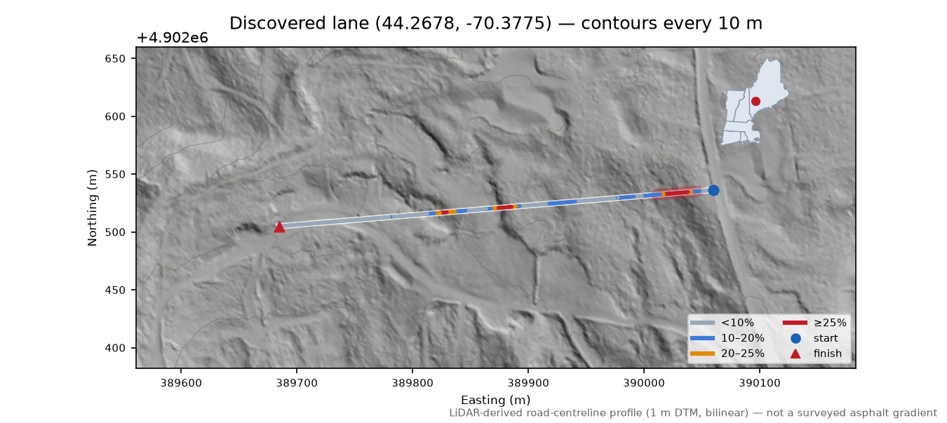Discovered lane (44.2678, -70.3775) LiDAR hillshade map with contours
