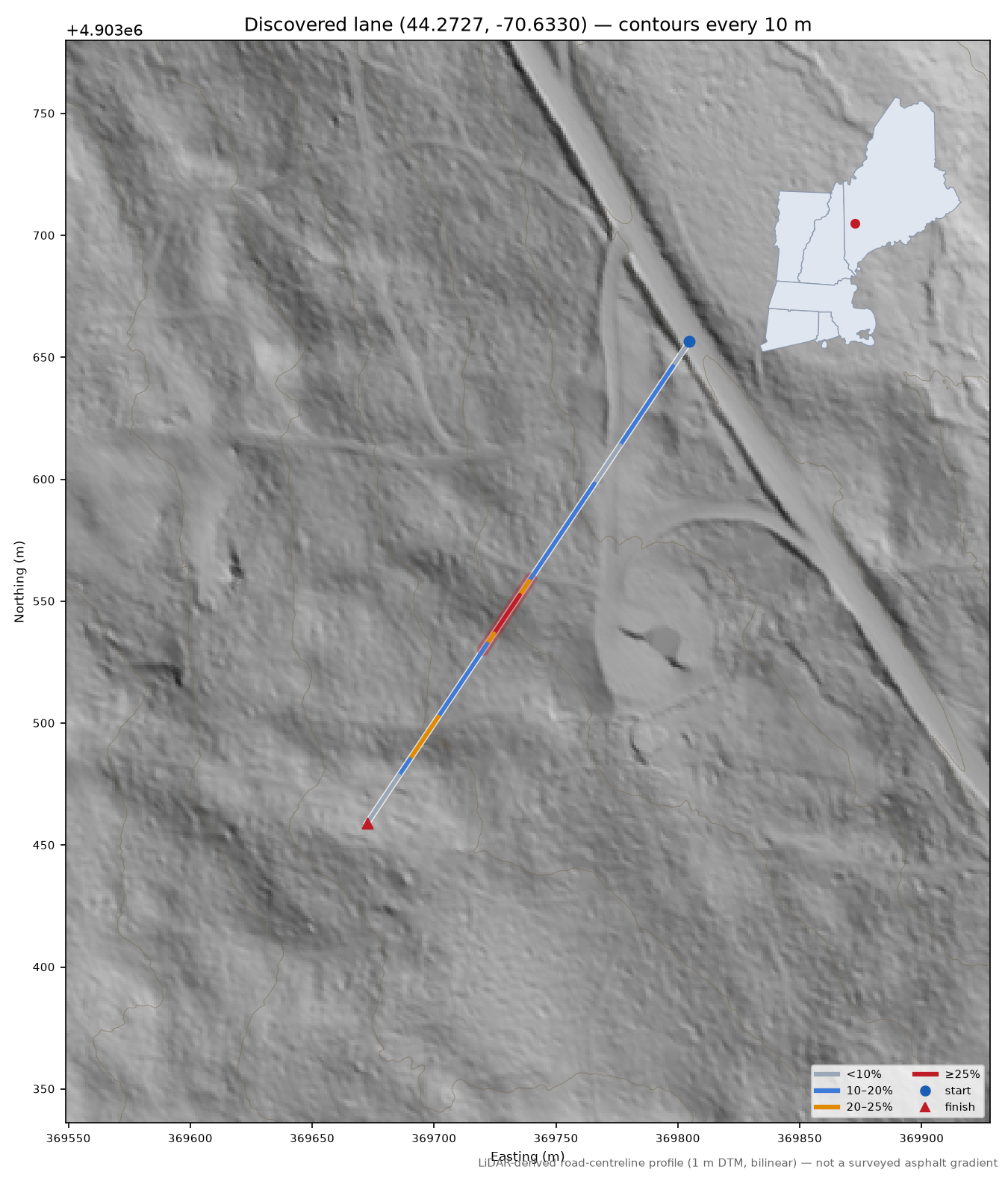 Discovered lane (44.2727, -70.6330) LiDAR hillshade map with contours