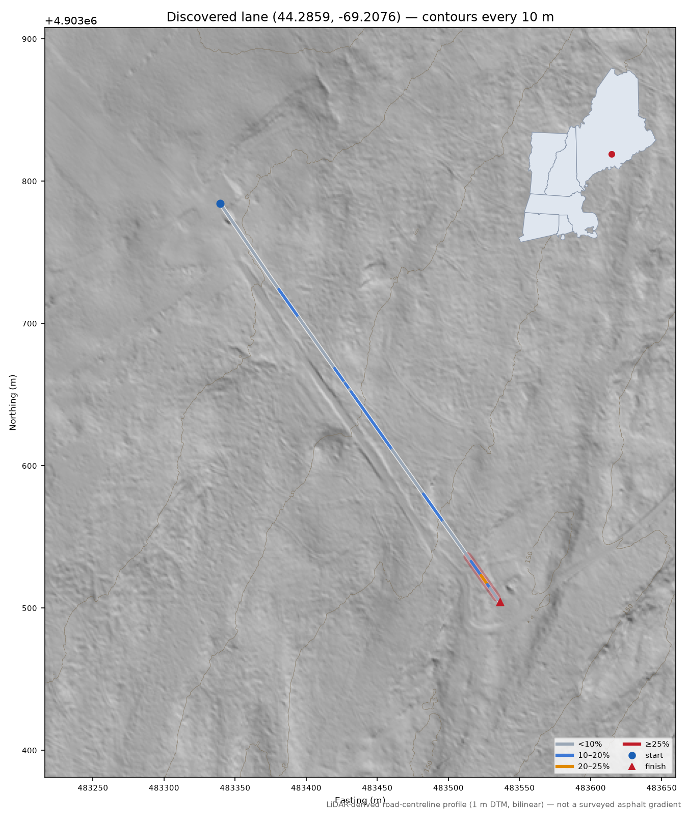Discovered lane (44.2859, -69.2076) LiDAR hillshade map with contours
