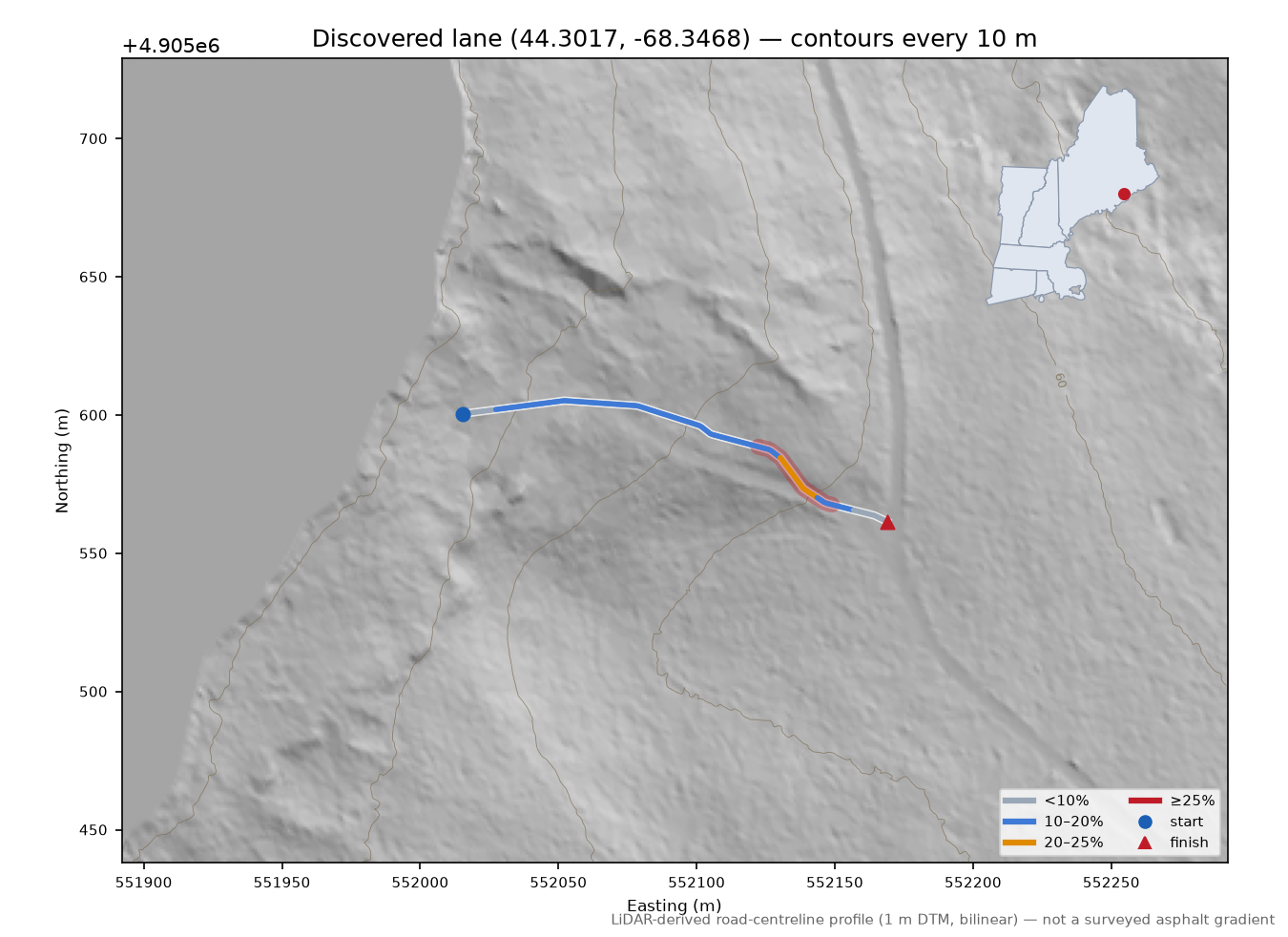Discovered lane (44.3017, -68.3468) LiDAR hillshade map with contours