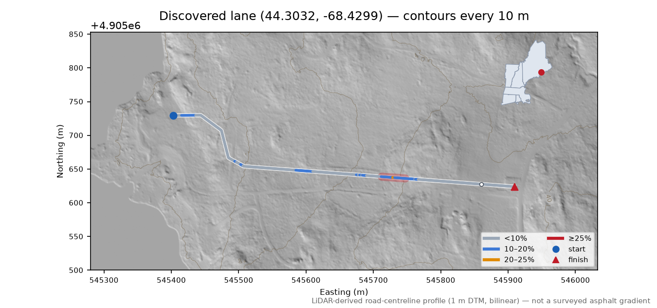 Discovered lane (44.3032, -68.4299) LiDAR hillshade map with contours