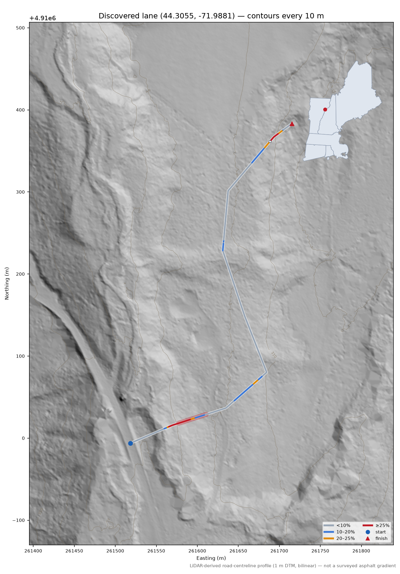 Discovered lane (44.3055, -71.9881) LiDAR hillshade map with contours
