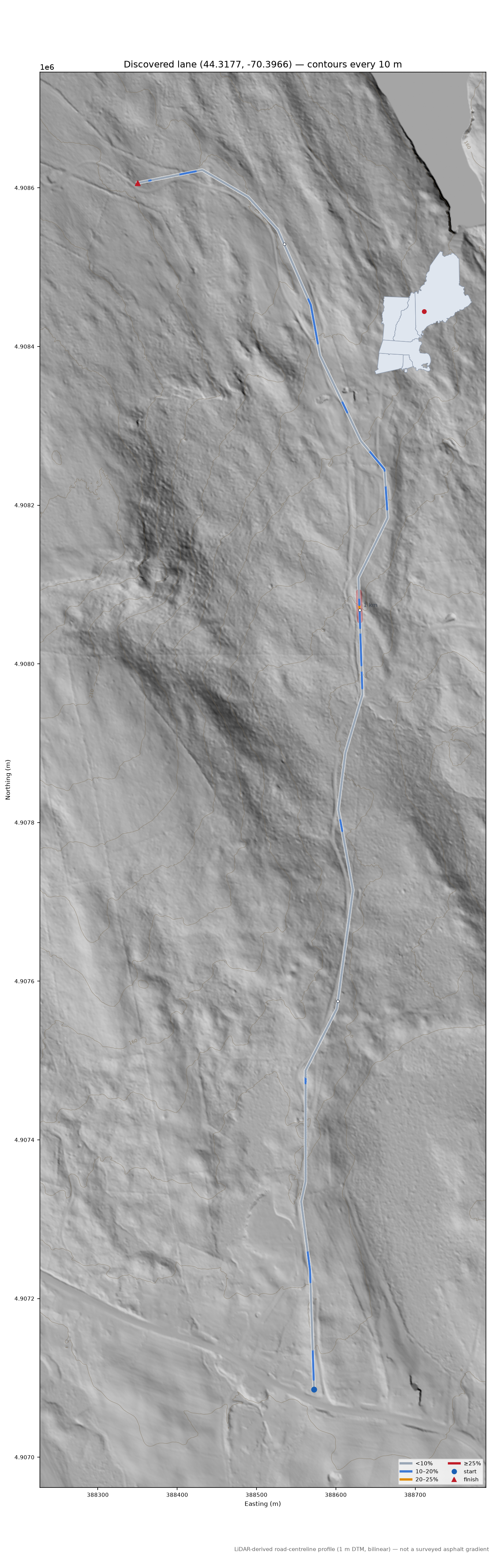 Discovered lane (44.3177, -70.3966) LiDAR hillshade map with contours