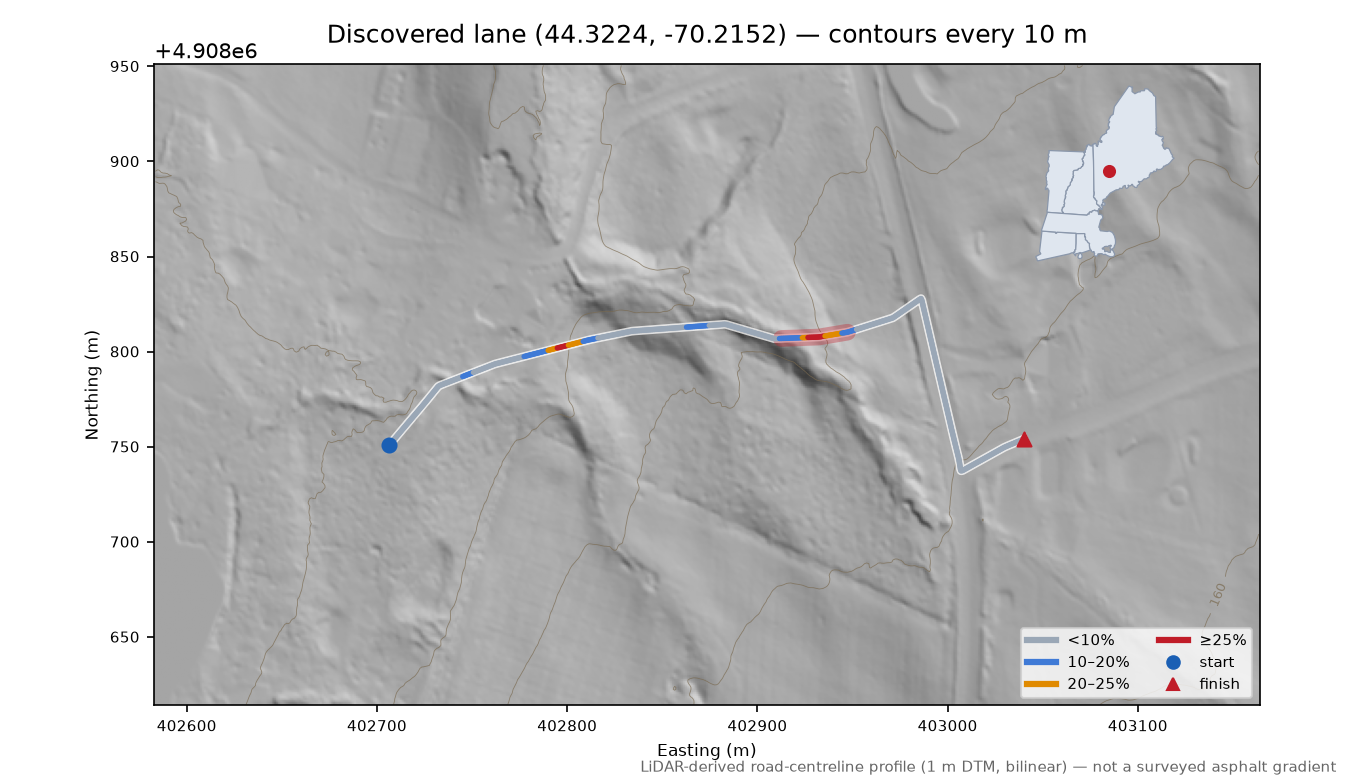 Discovered lane (44.3224, -70.2152) LiDAR hillshade map with contours