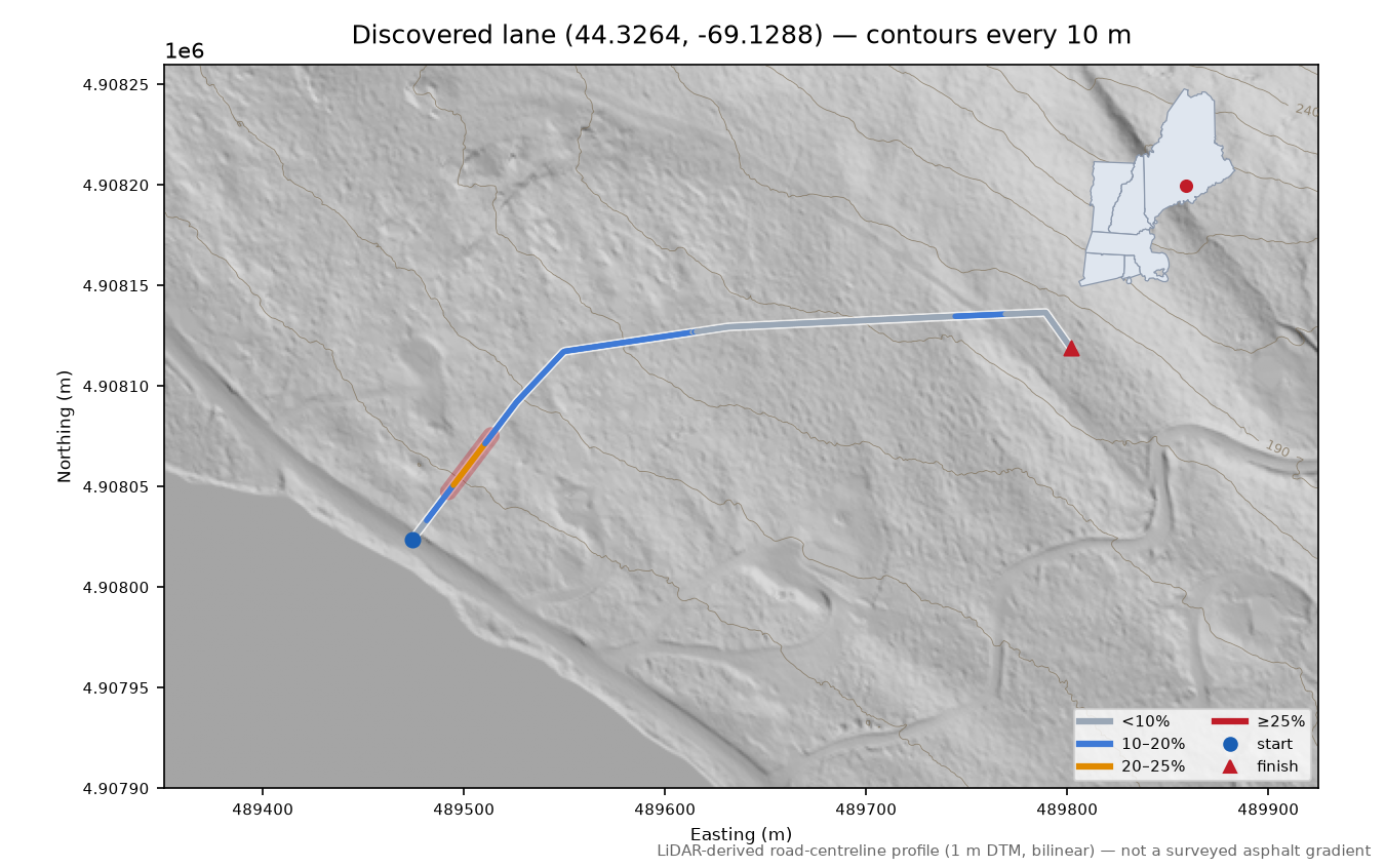 Discovered lane (44.3264, -69.1288) LiDAR hillshade map with contours
