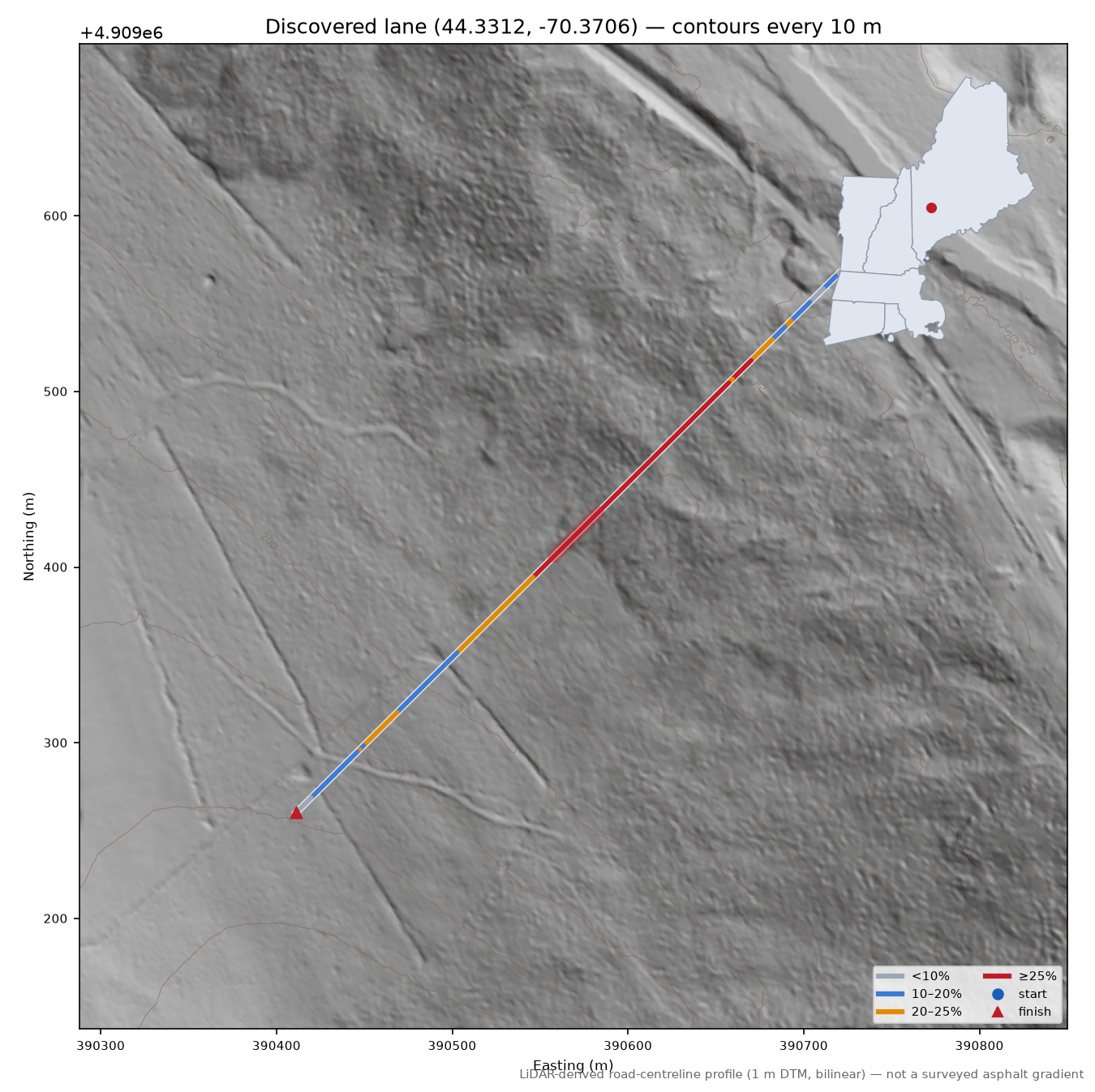 Discovered lane (44.3312, -70.3706) LiDAR hillshade map with contours