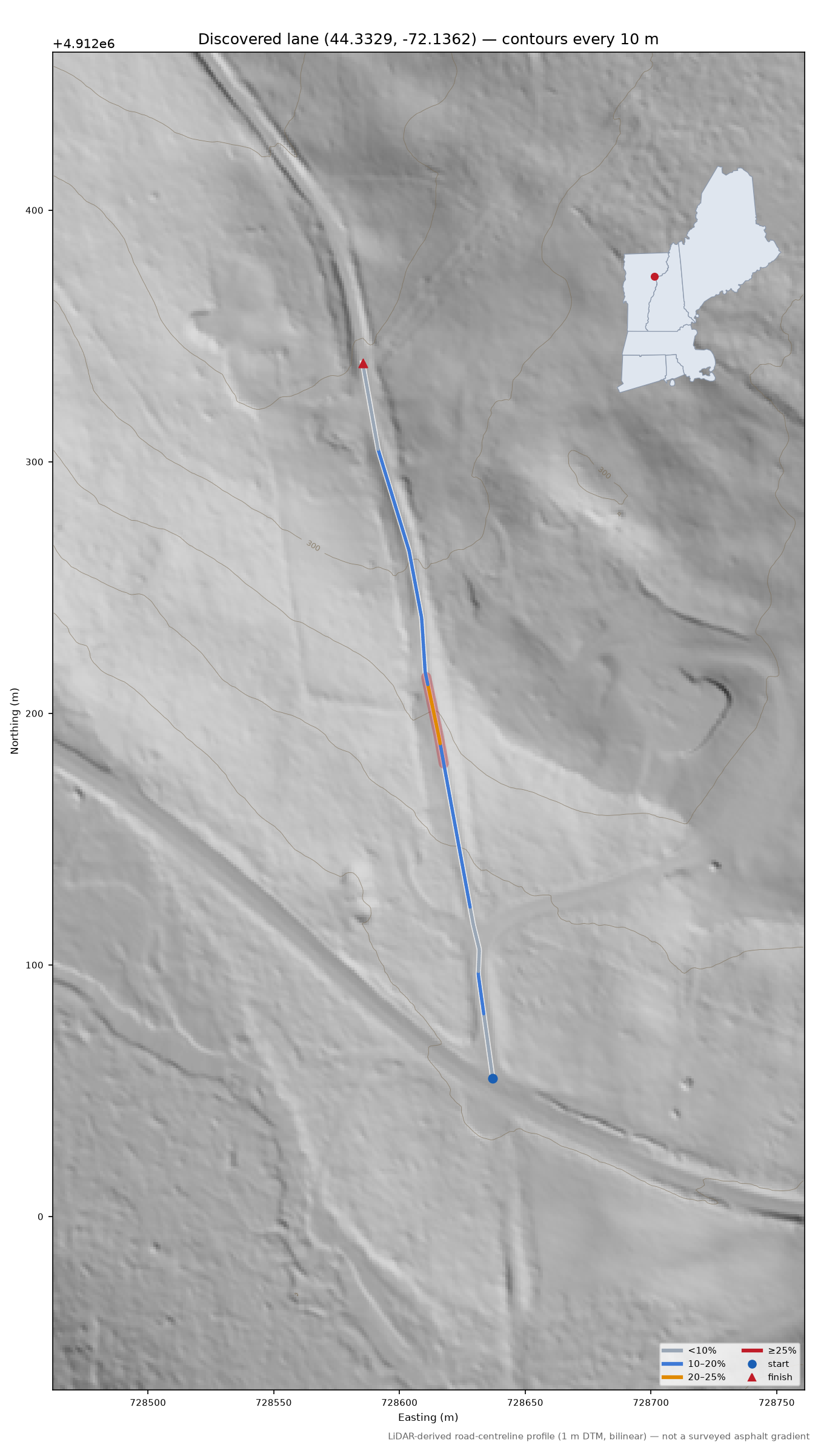 Discovered lane (44.3329, -72.1362) LiDAR hillshade map with contours