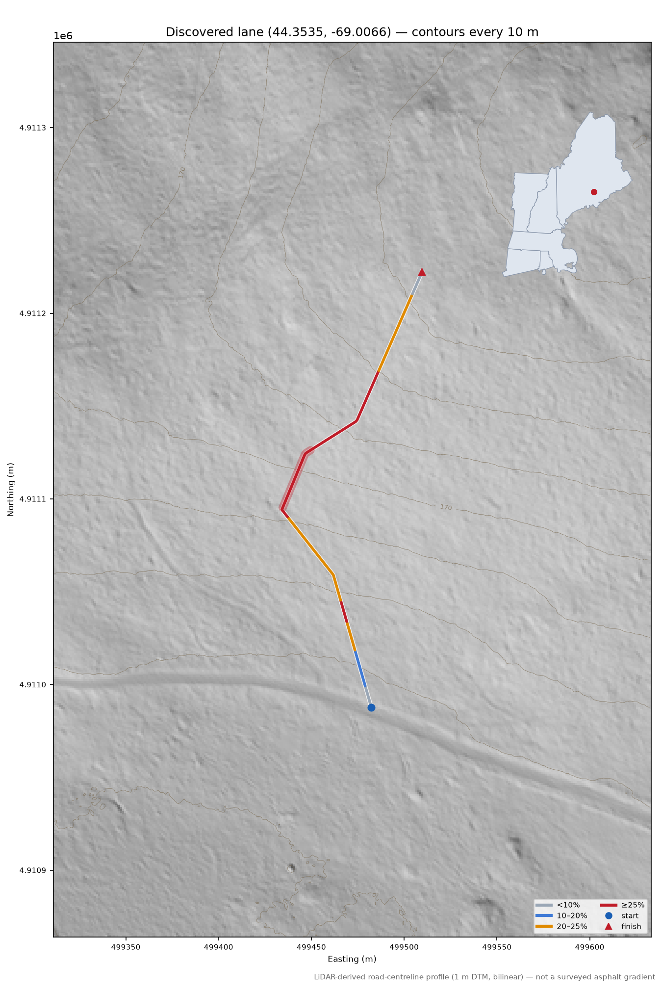 Discovered lane (44.3535, -69.0066) LiDAR hillshade map with contours