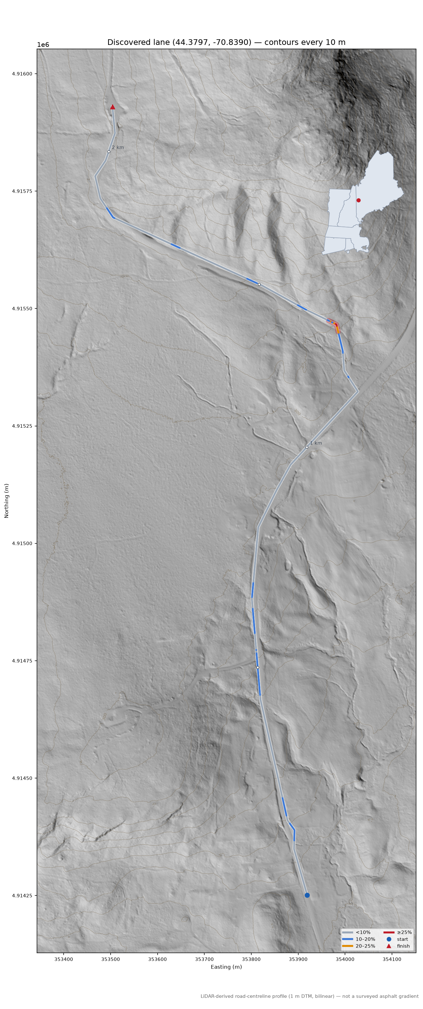 Discovered lane (44.3797, -70.8390) LiDAR hillshade map with contours
