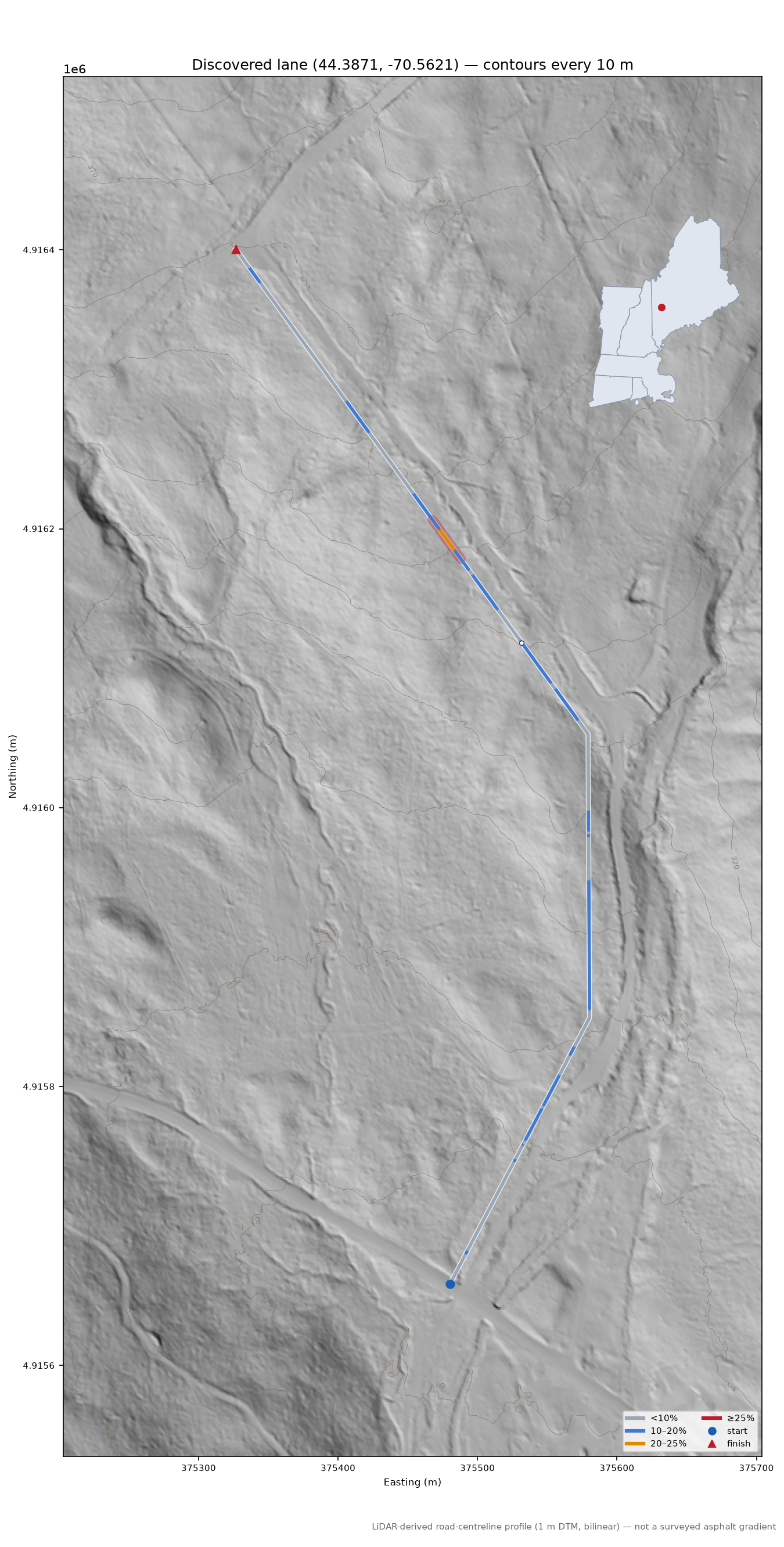 Discovered lane (44.3871, -70.5621) LiDAR hillshade map with contours