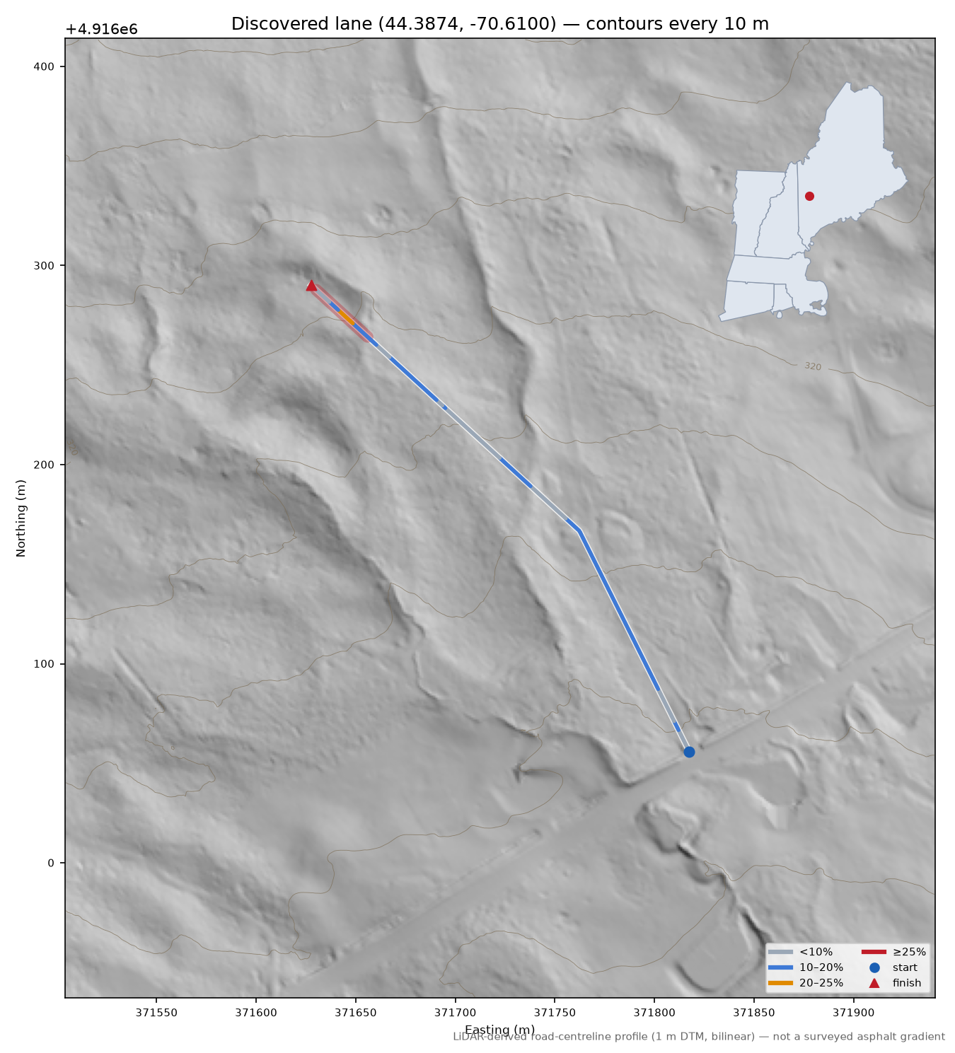 Discovered lane (44.3874, -70.6100) LiDAR hillshade map with contours