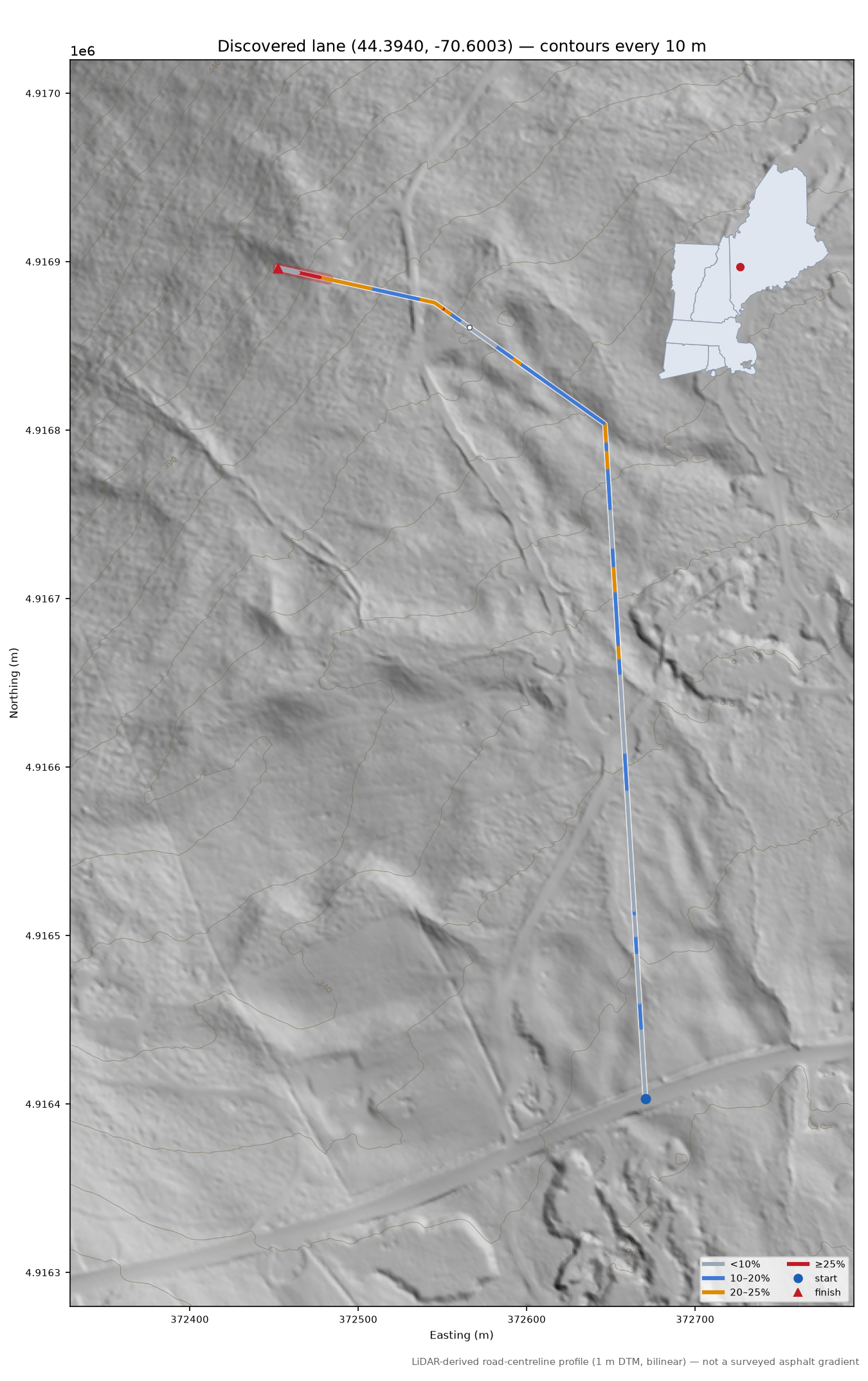 Discovered lane (44.3940, -70.6003) LiDAR hillshade map with contours
