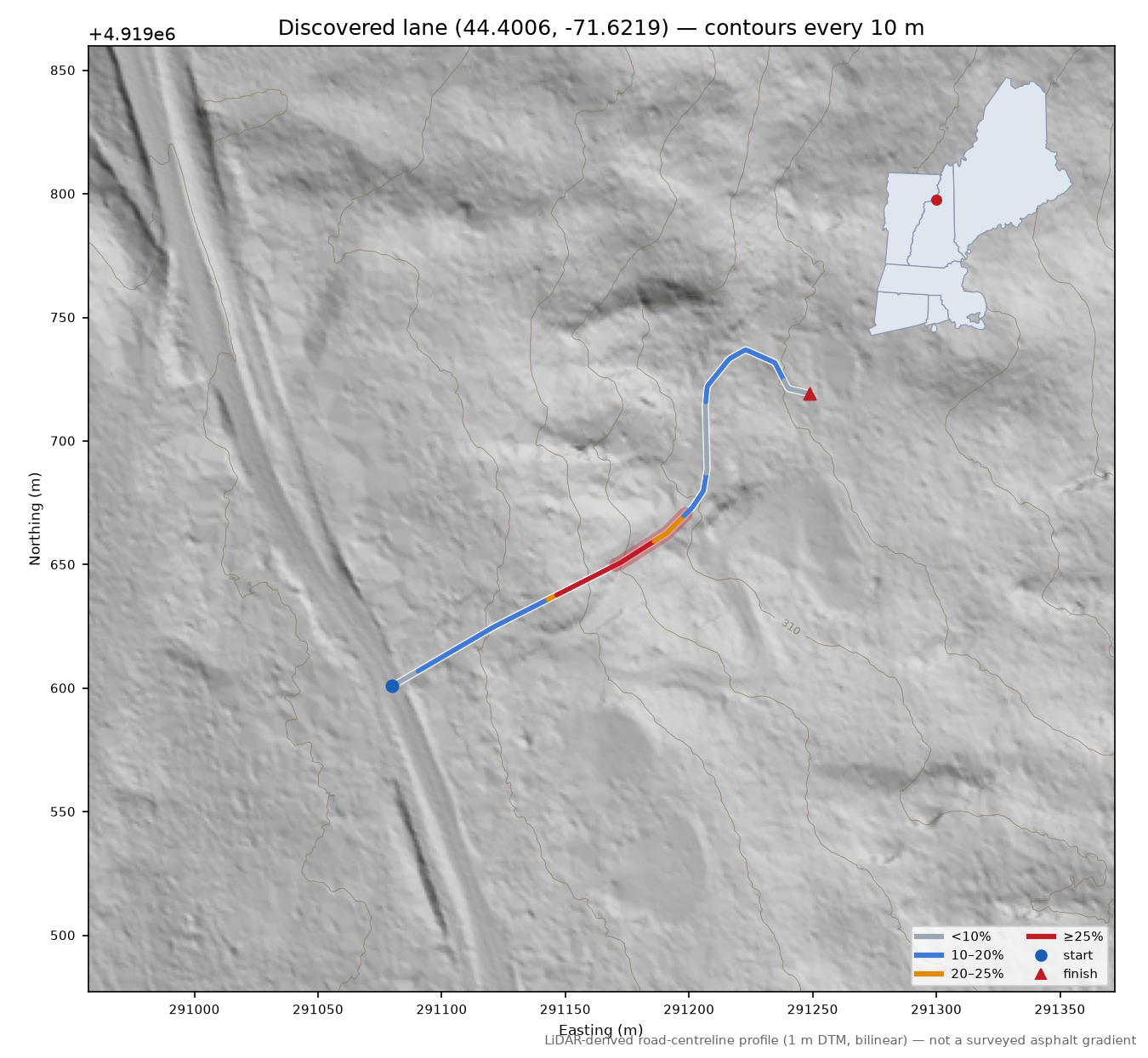 Discovered lane (44.4006, -71.6219) LiDAR hillshade map with contours