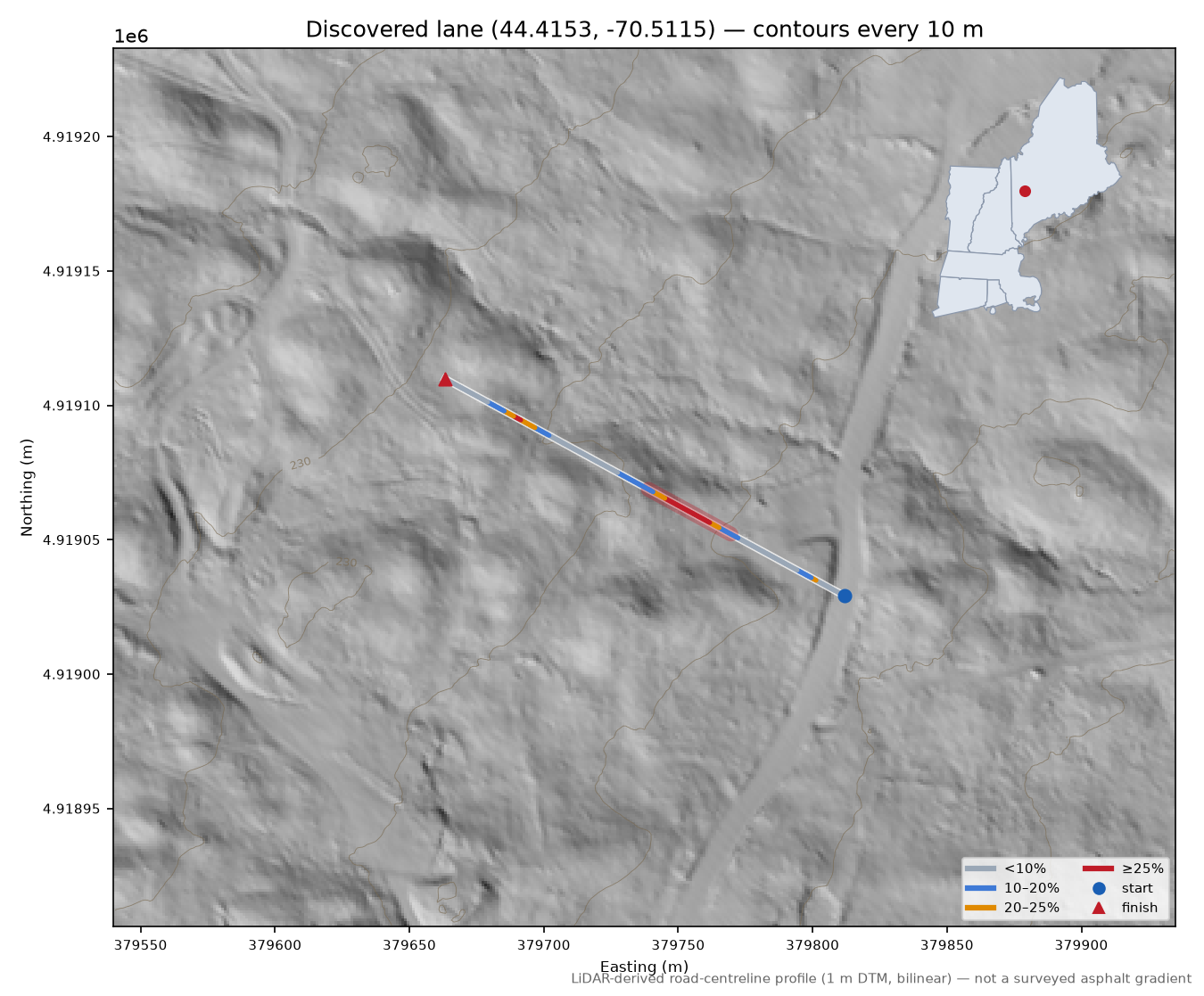 Discovered lane (44.4153, -70.5115) LiDAR hillshade map with contours